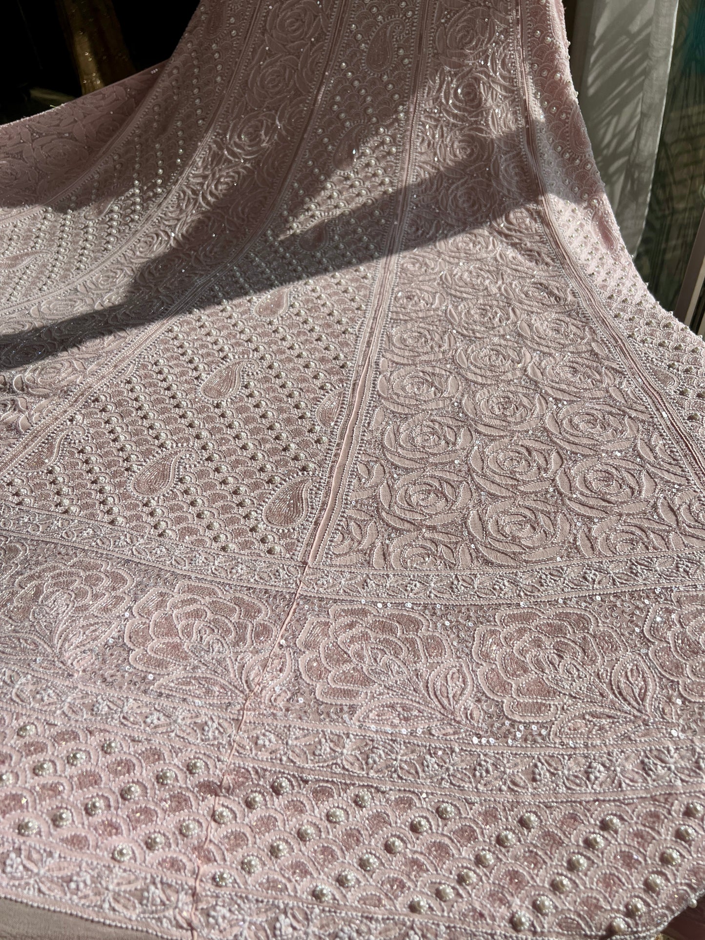 Ruhani Powder Pink Chikankari Pearl Cut Dana Sequins Wedding Lehenga