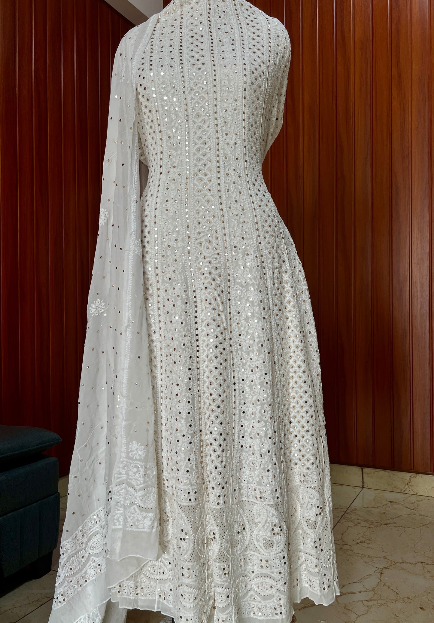 White allover Chikankari and mukaish anarkali with dupatta