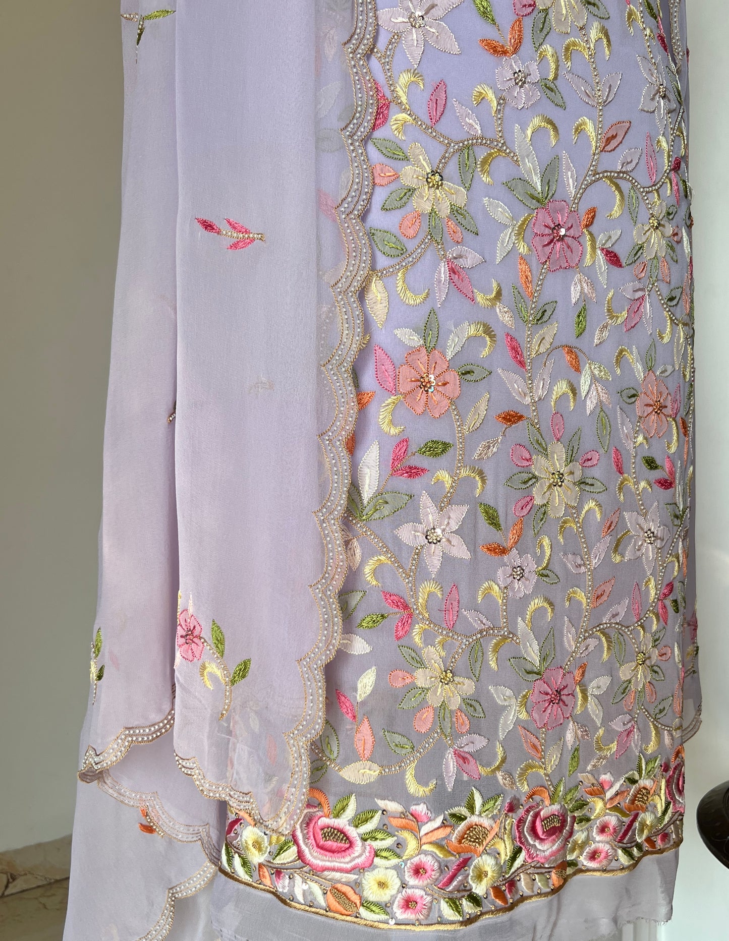 Lavender Resham Chikankari Parsi Gara and pearl work suit