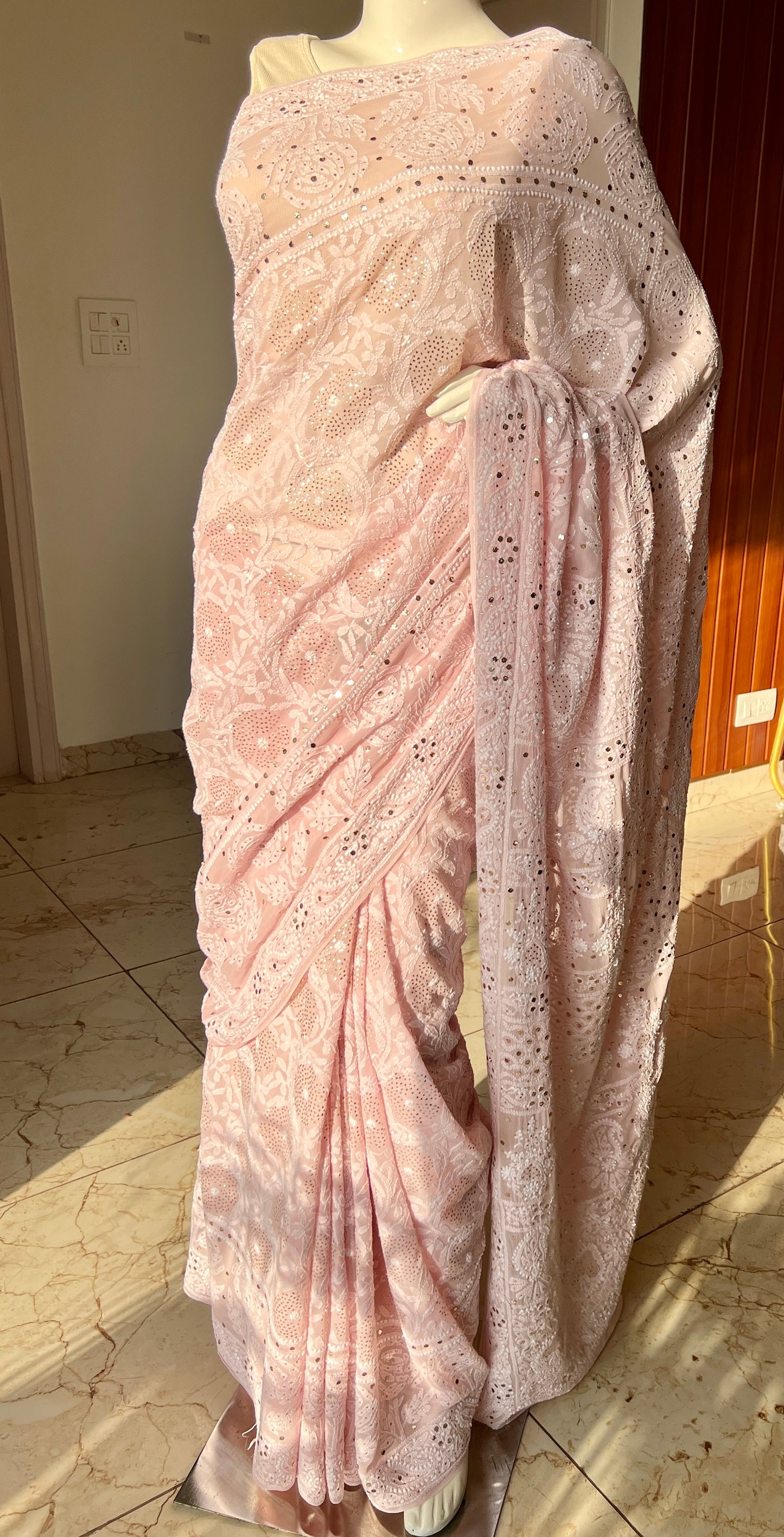 Ruhani Dusty Pink Allover Designer Chikankari and Mukaish Saree