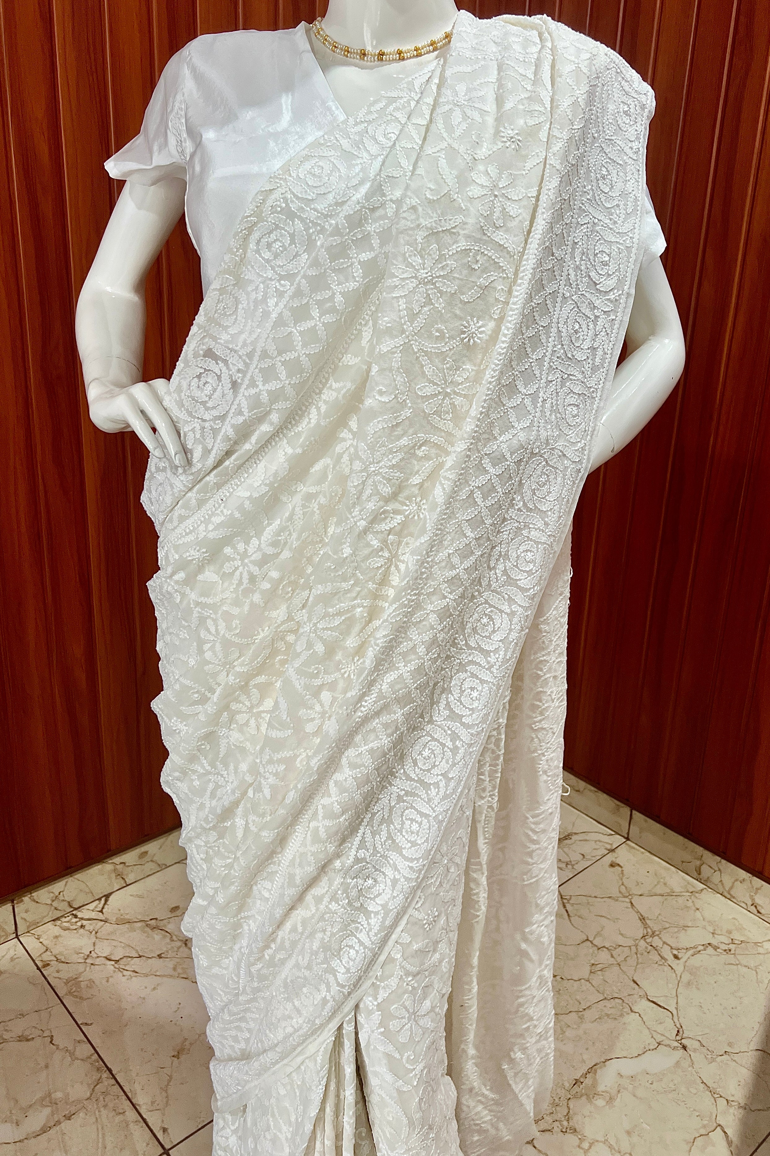 Ruhani Off White Allover fine Chikankari Hand Embroidered Saree