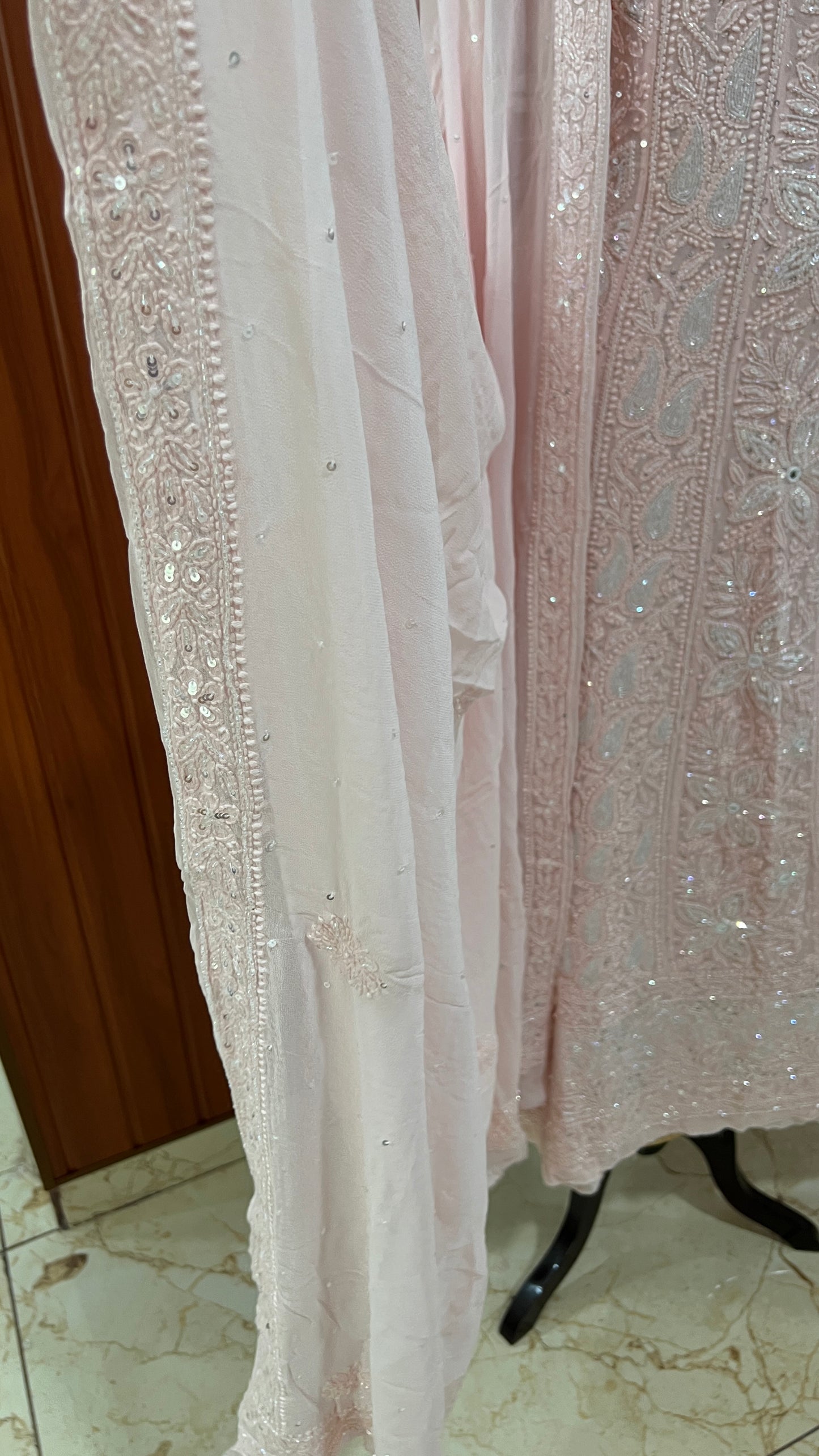 Ruhani Peachy Chikankari Sequins and Cut Dana Anarkali