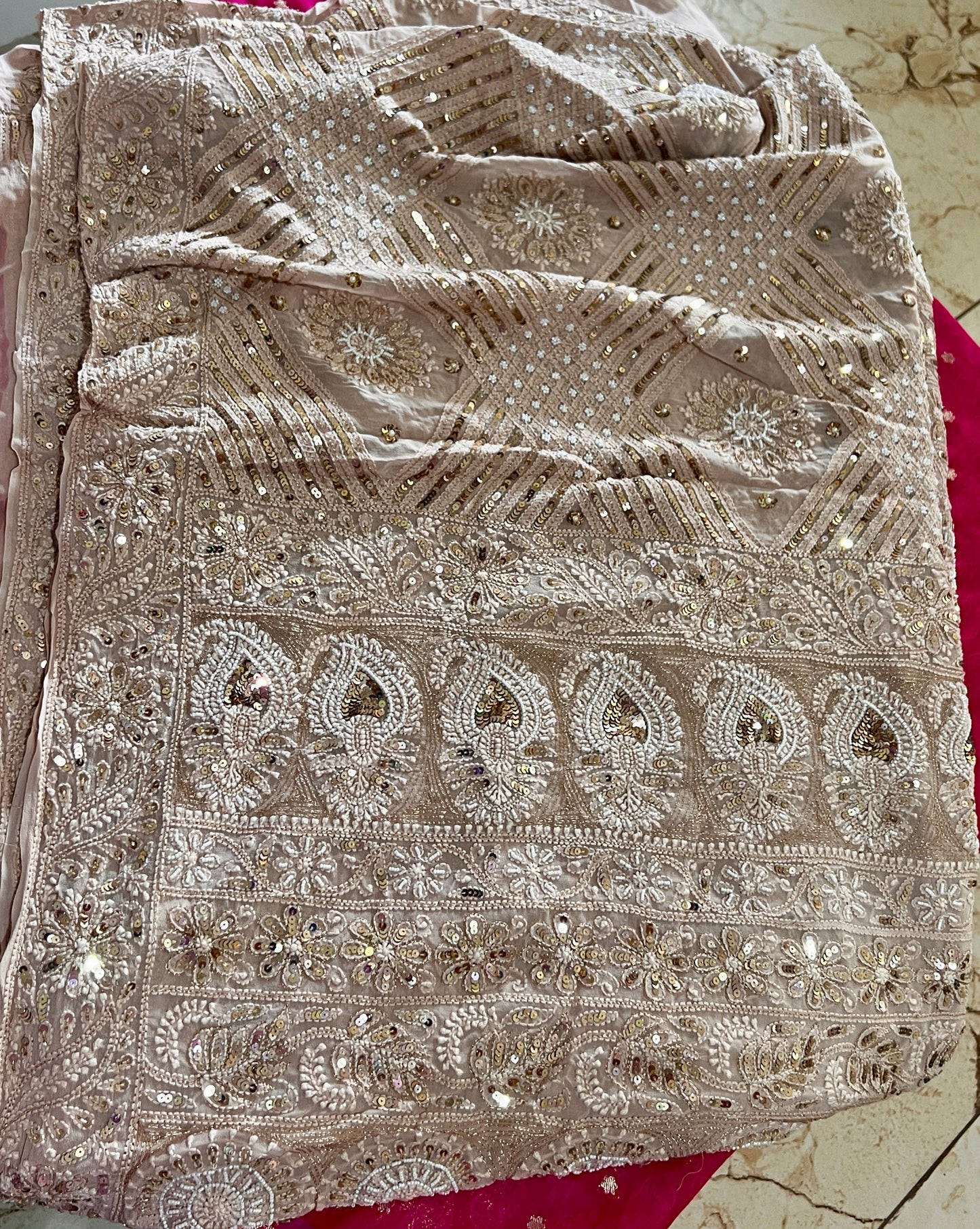 Ruhani Powder brown Chikankari Saree with Sequins Pearl and Aari Embroidery