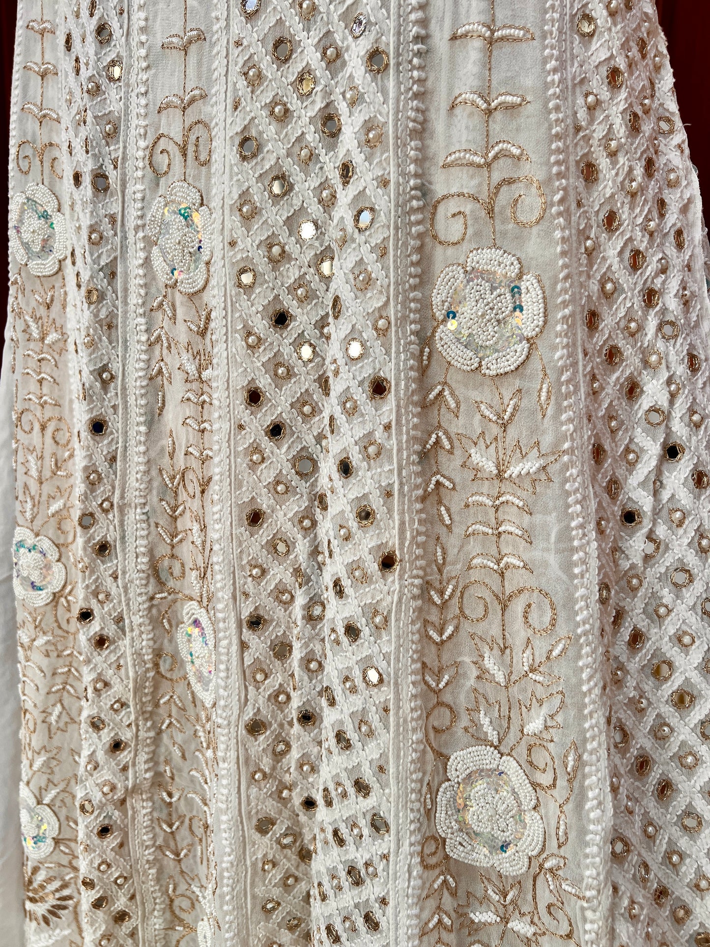 White Chikankari Mirror Gota Patti Pearl Anarkali with Dupatta