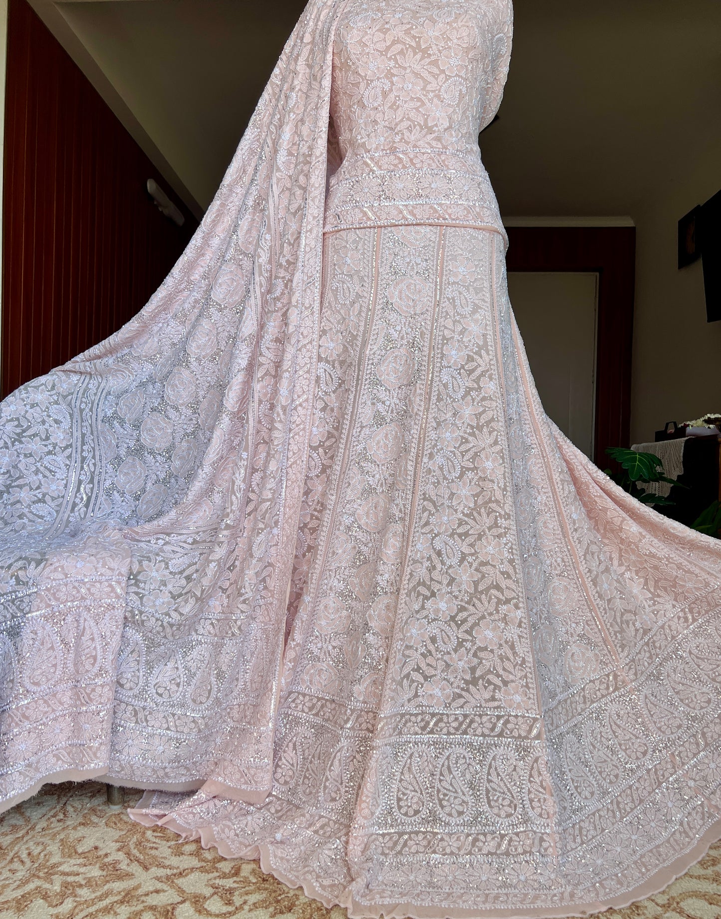 Masterpiece Ruhani Powder Peach Chikankari Sequins Cut Dana Wedding Lehenga