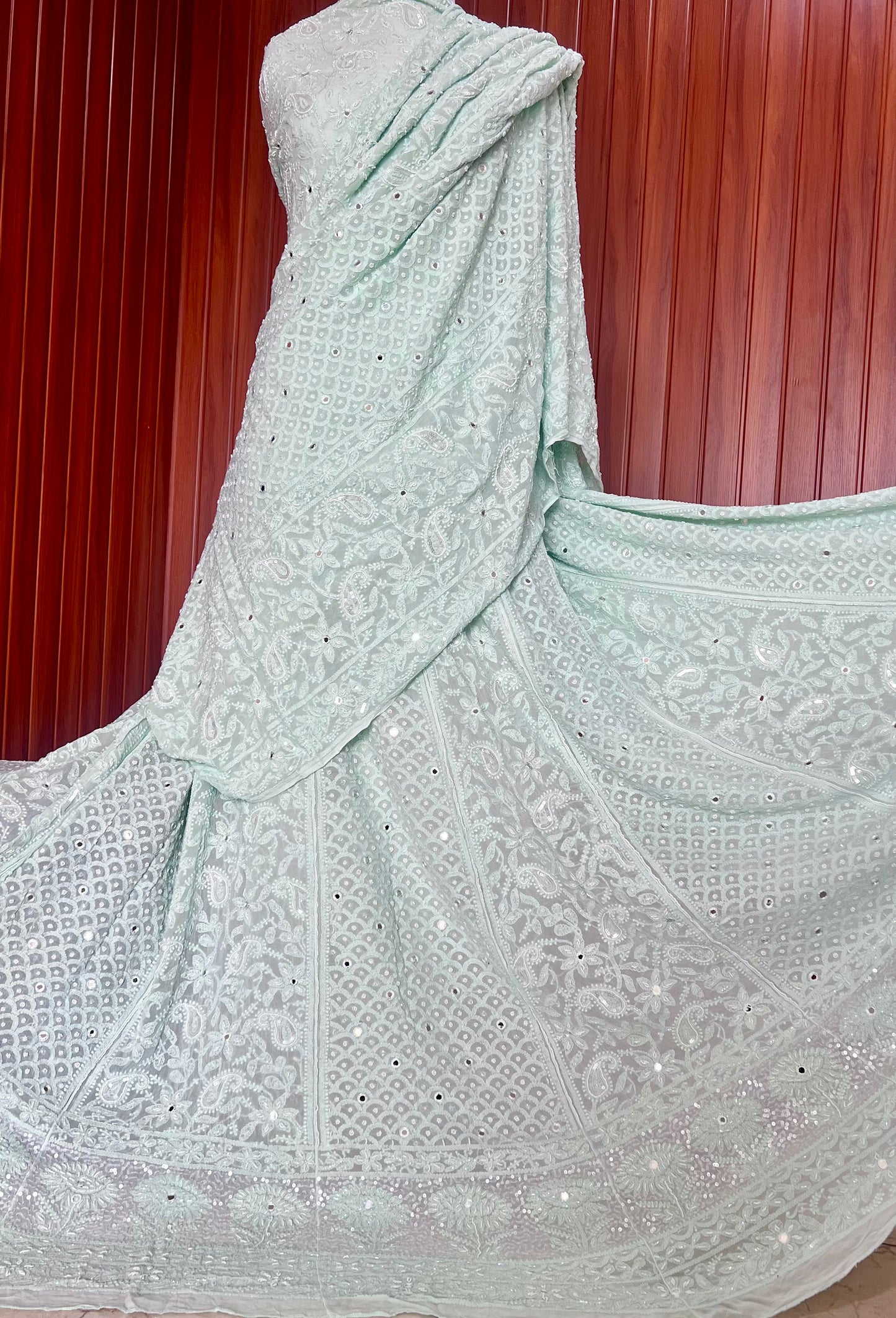 Mint Green Chikankari Pearl and Sequins Wedding Lehenga