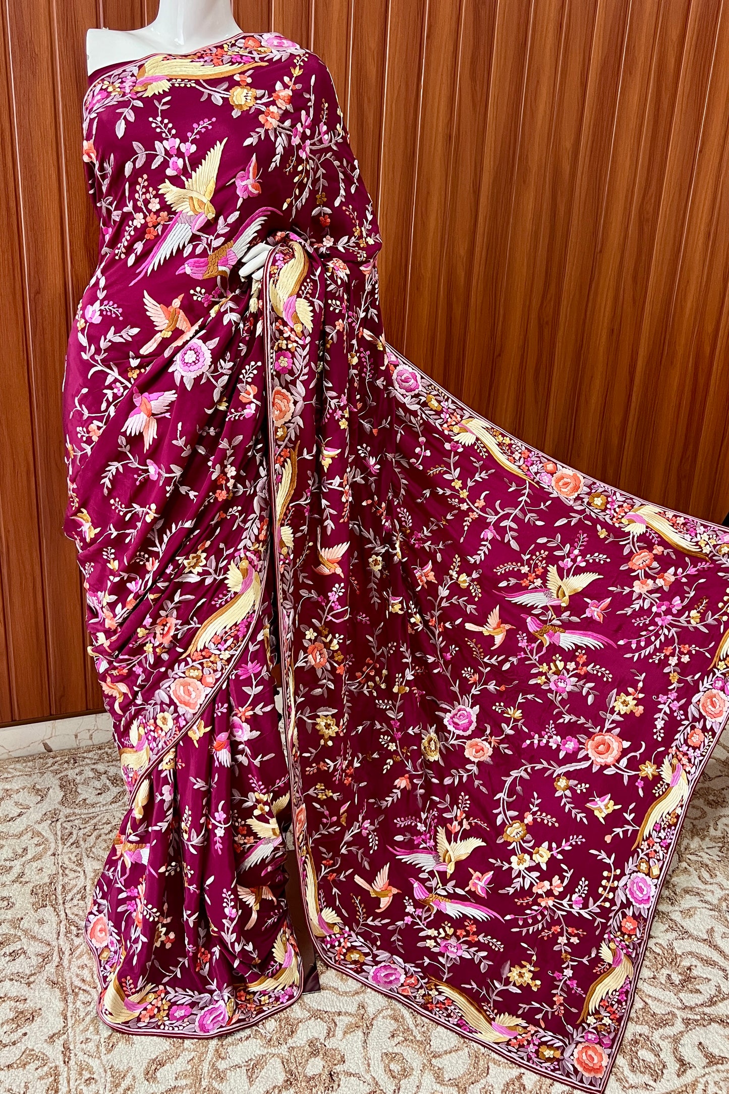 Burgundy Masterpiece Parsi Gara Pure Crepe Saree