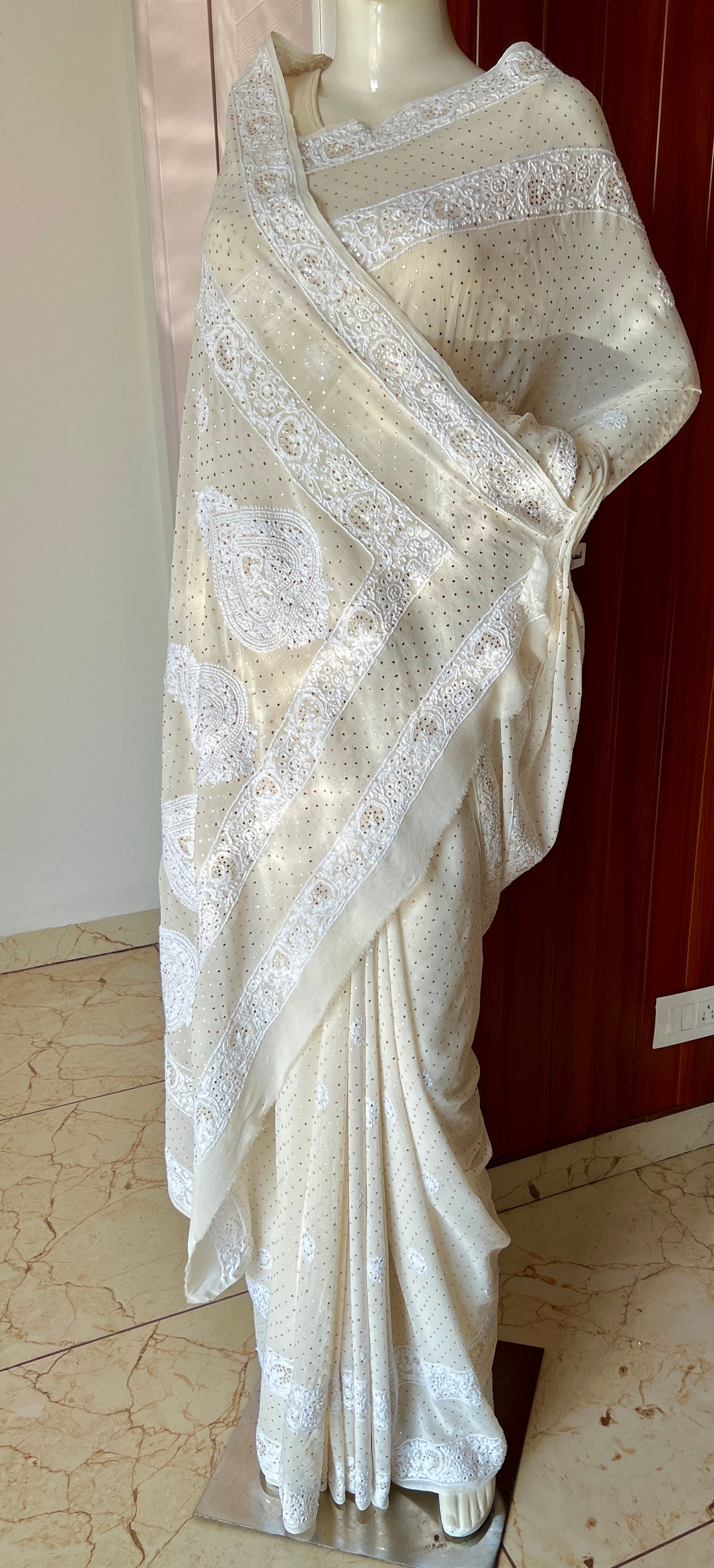 Ivory Ruhani Allover Fine Chikankari and Bareek Mukaish Saree