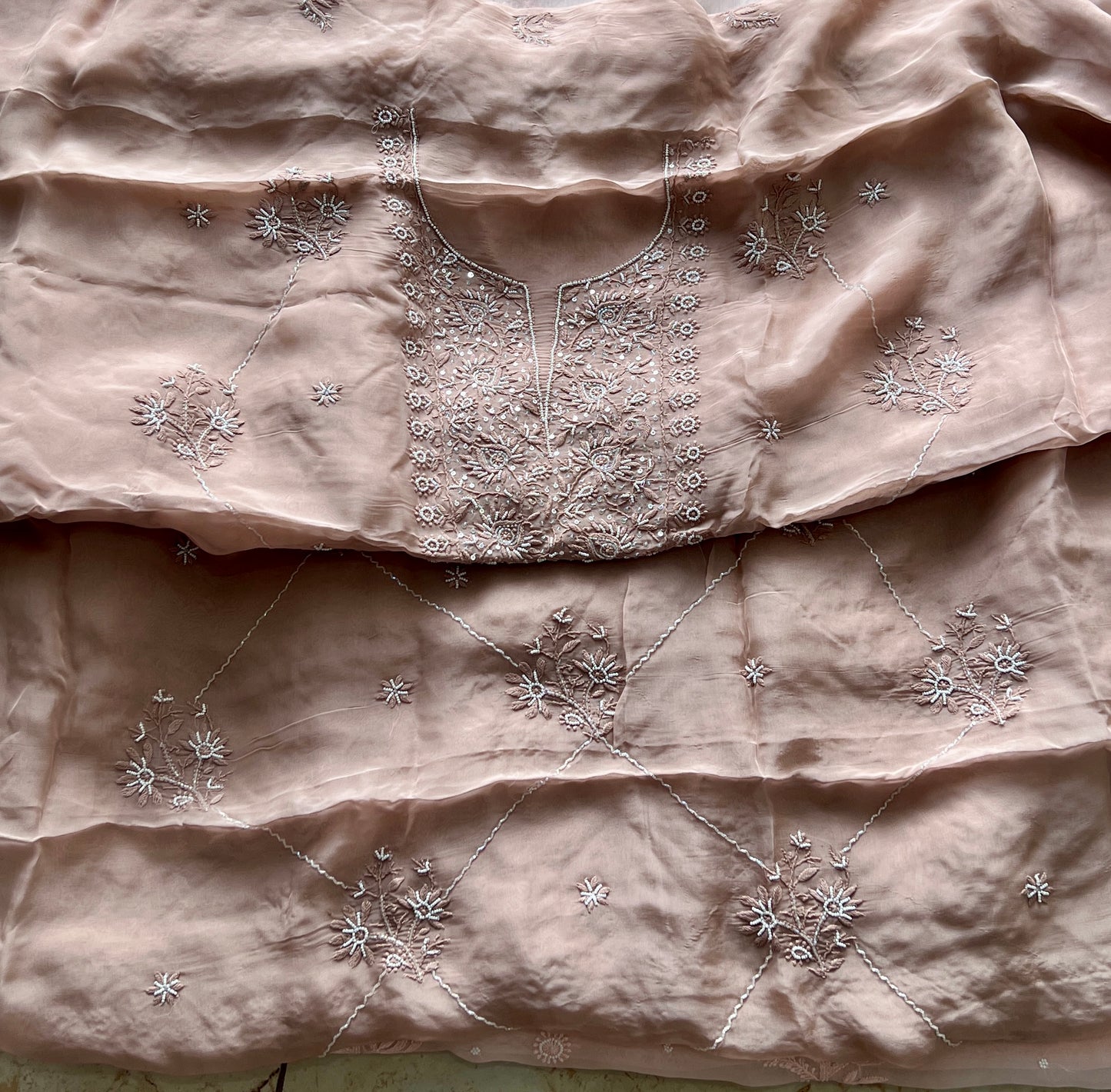 Nude brown Chikankari and pearl work Organza kurta with dupatta