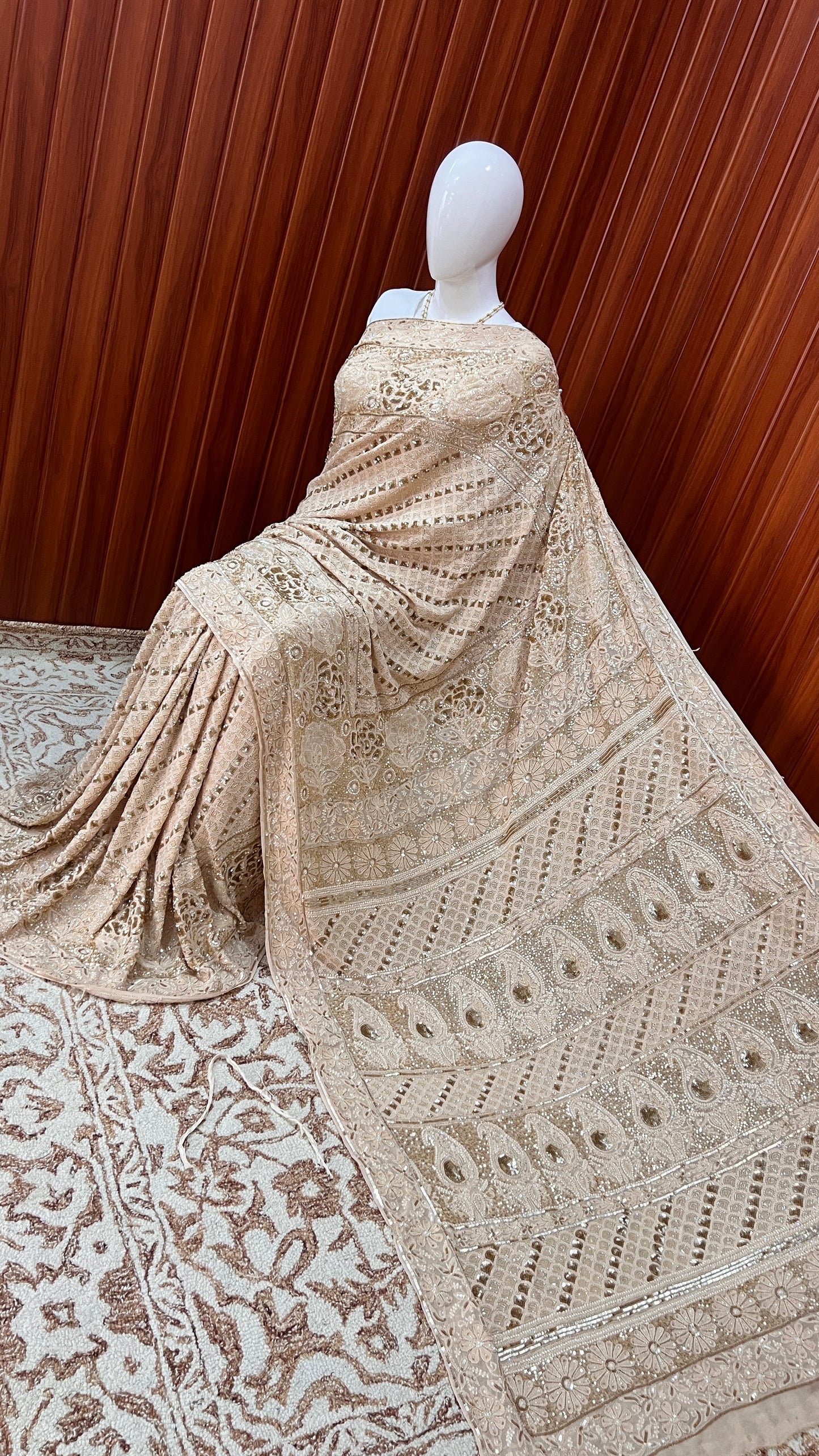 Ruhani Golden Beige Chikankari Sequins Cut Dana Embroidered Masterpiece Saree