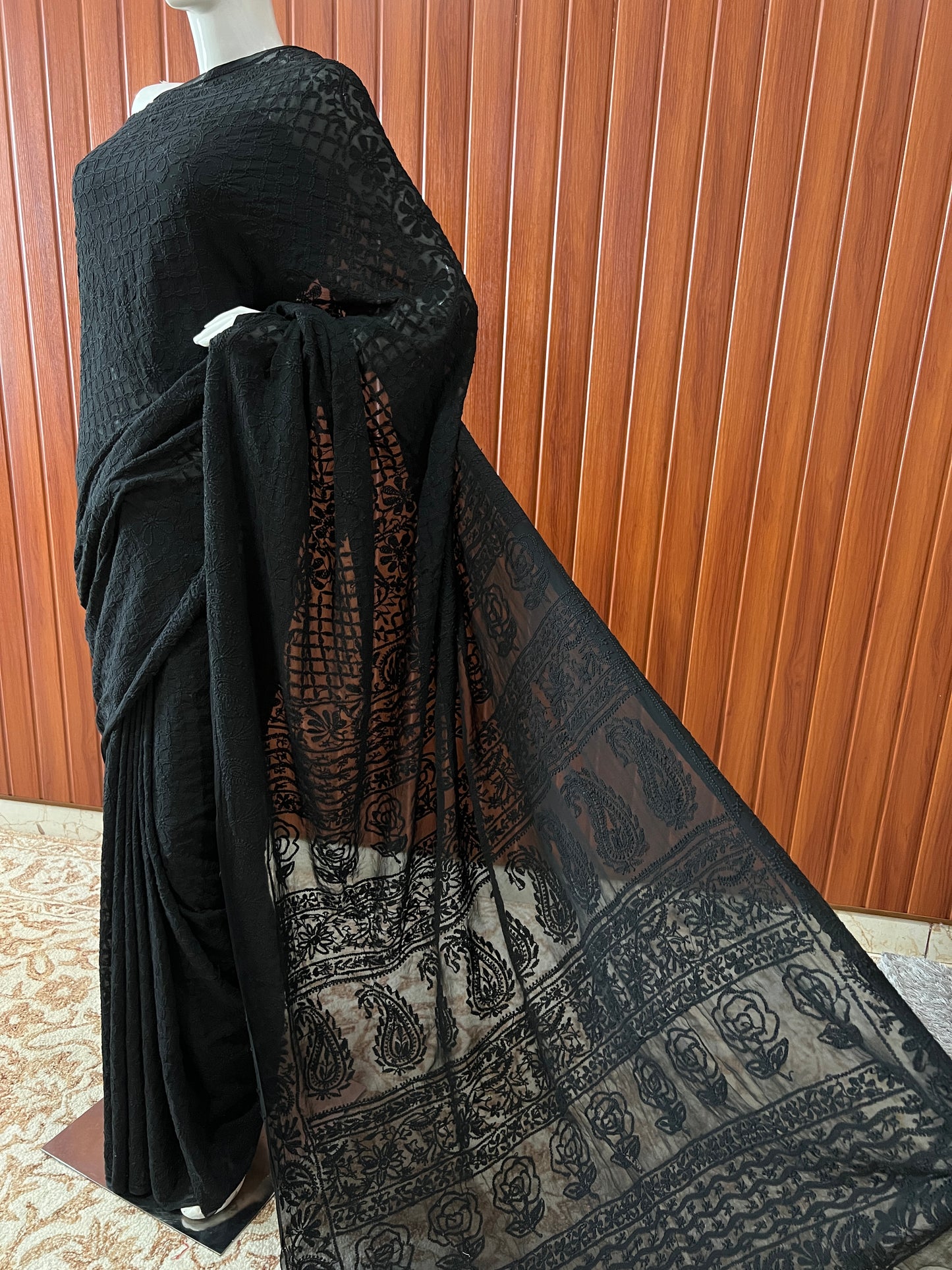 Ruhani Black fine Chikankari Hand Embroidered Saree