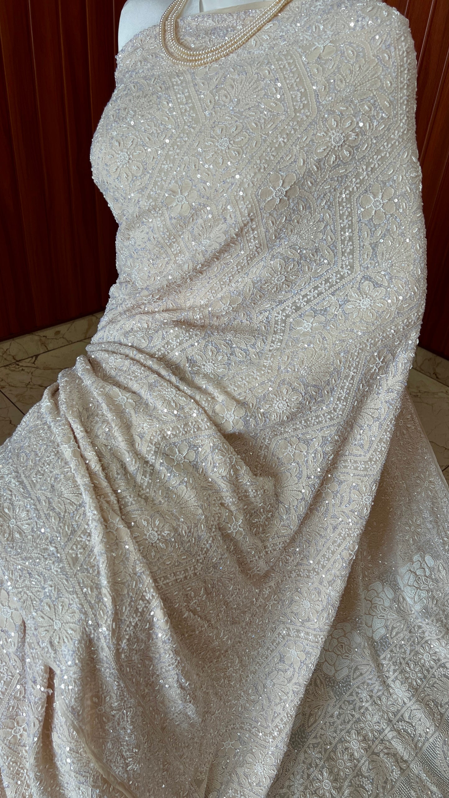 Ruhani Champagne Chikankari Cut Dana and Sequins Saree