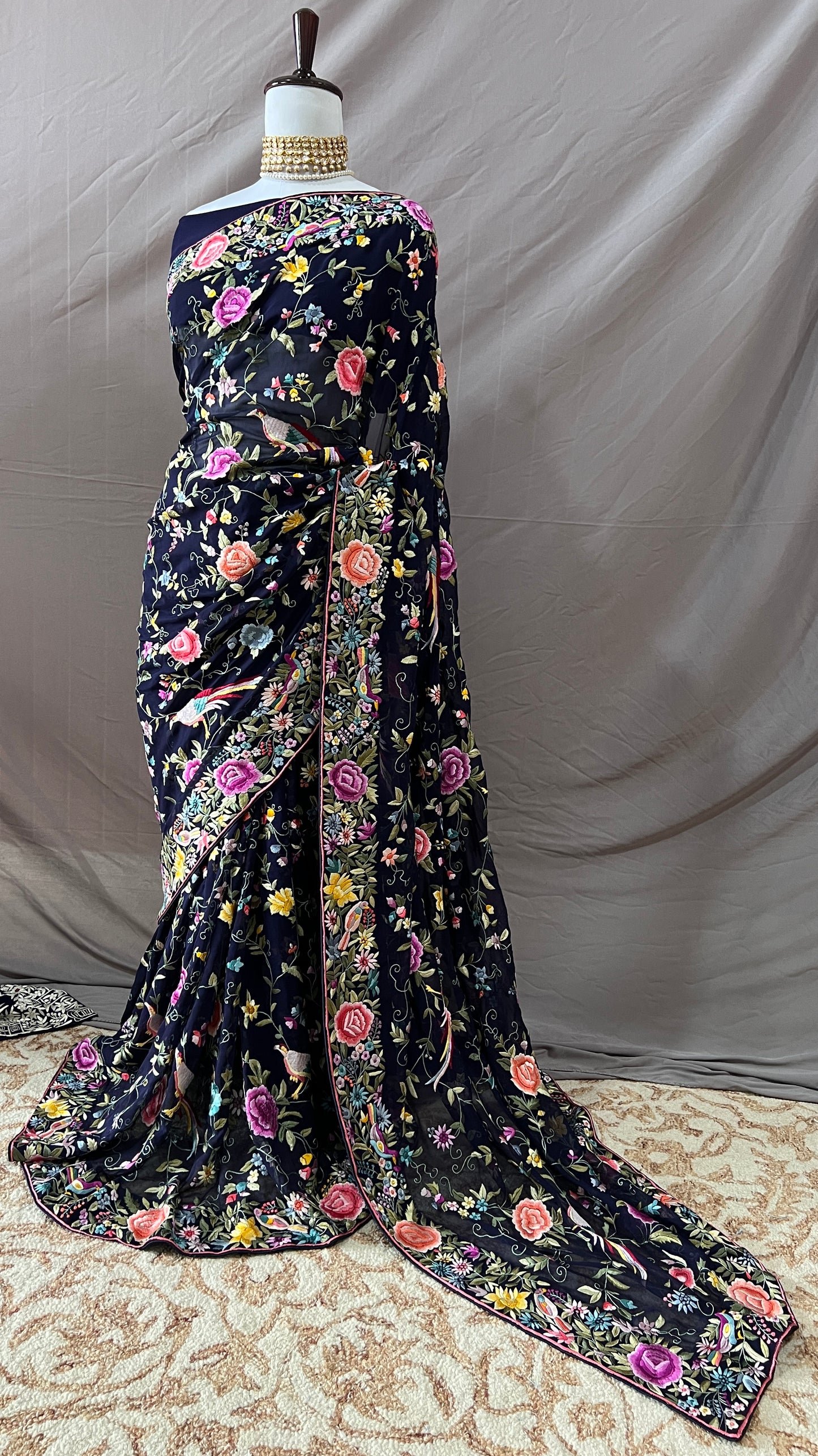 Midnight Blue Masterpiece Parsi Gara Pure Georgette Saree