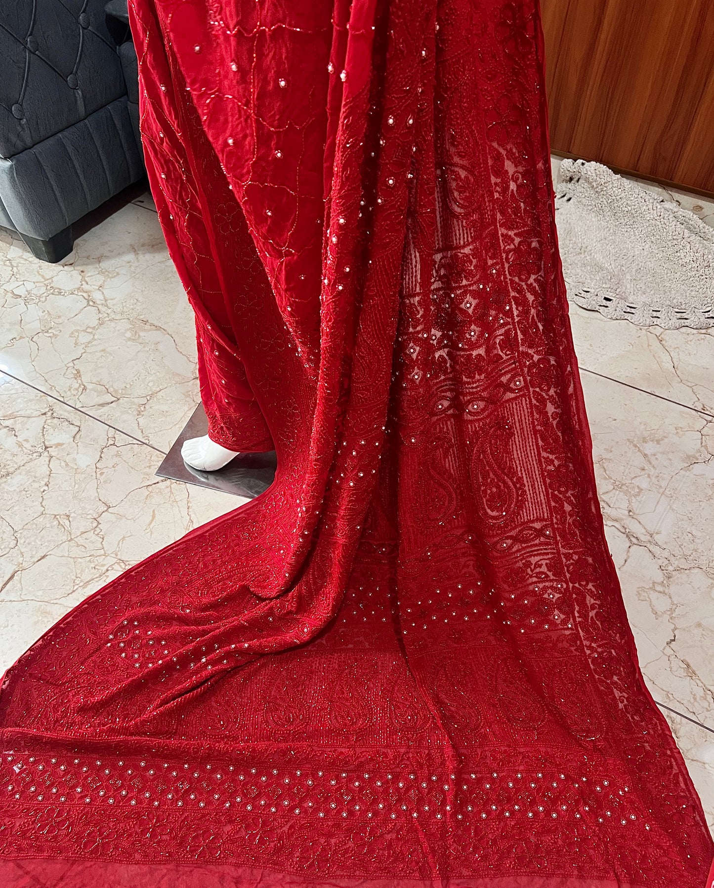 Ruhani Red Chikankari Cut Dana and pearl Saree