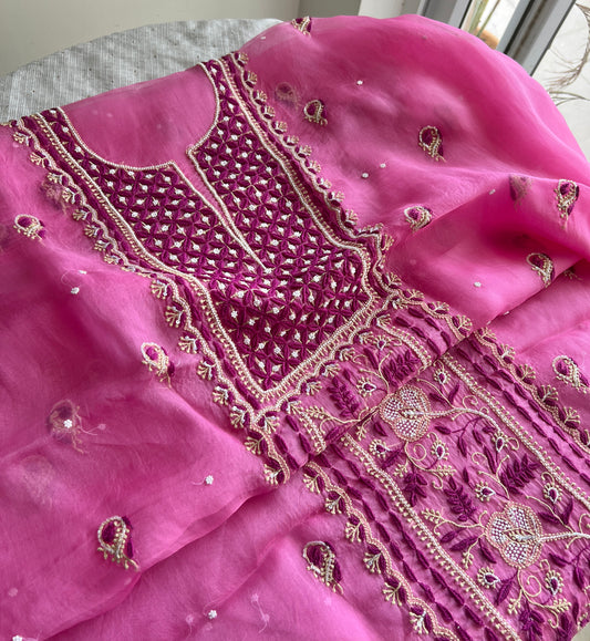 Mauvish pink Chikankari pearl sequins pure Organza kurta with dupatta