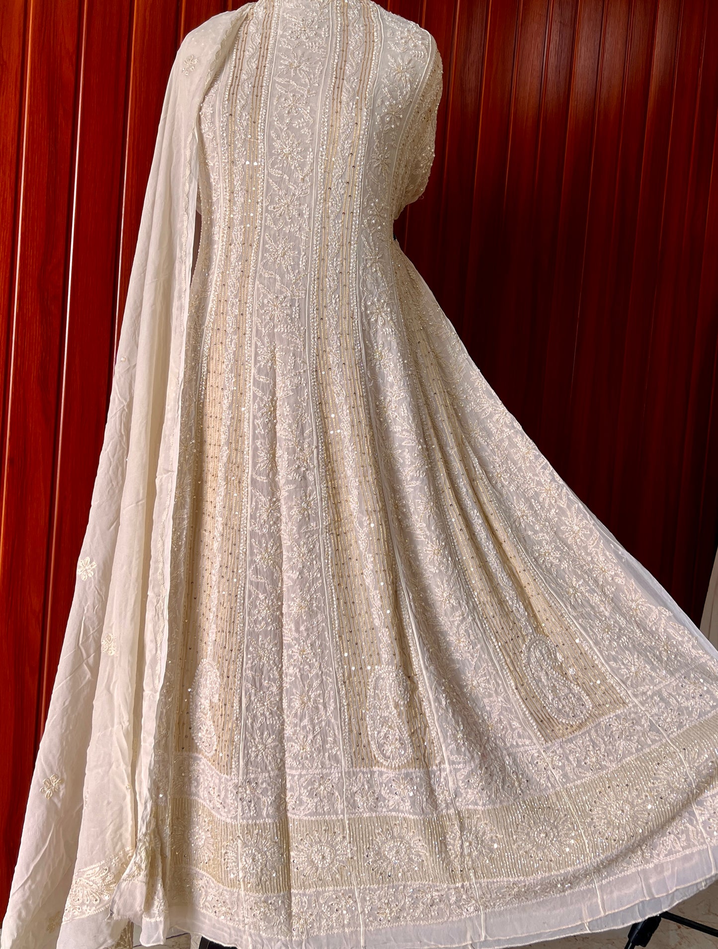 Champagne Chikankari Sequins Cut Dana Anarkali with Dupatta