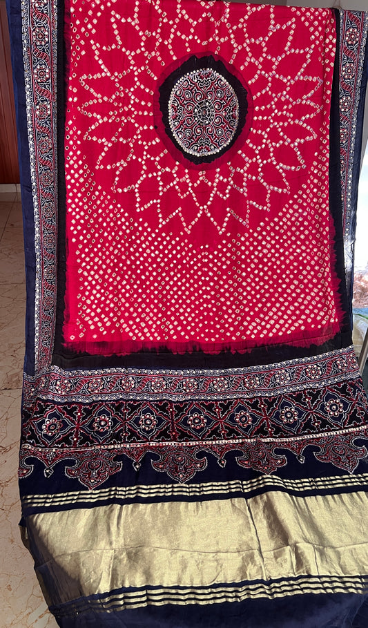 Blue & Magenta modal silk ajrakh and bandhej dupatta with heavy mukaish