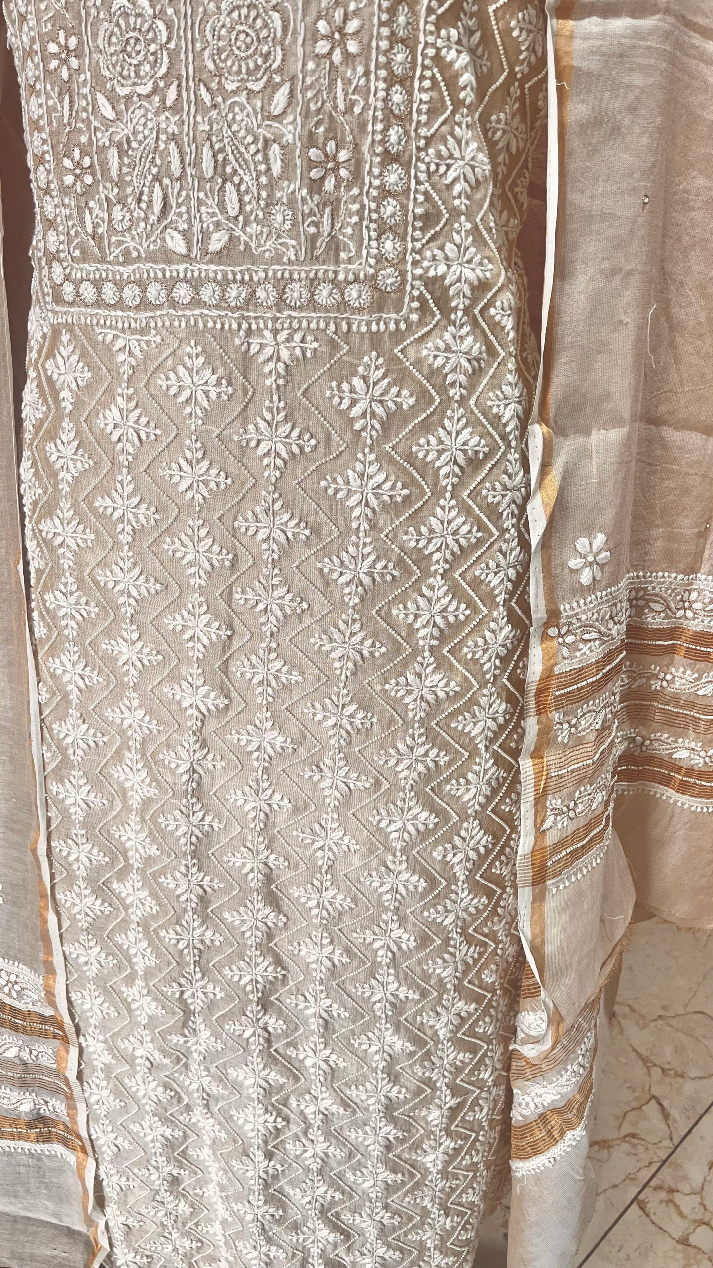 Tissue chanderi silk Chikankari and pearl embroidered kurta and dupatta