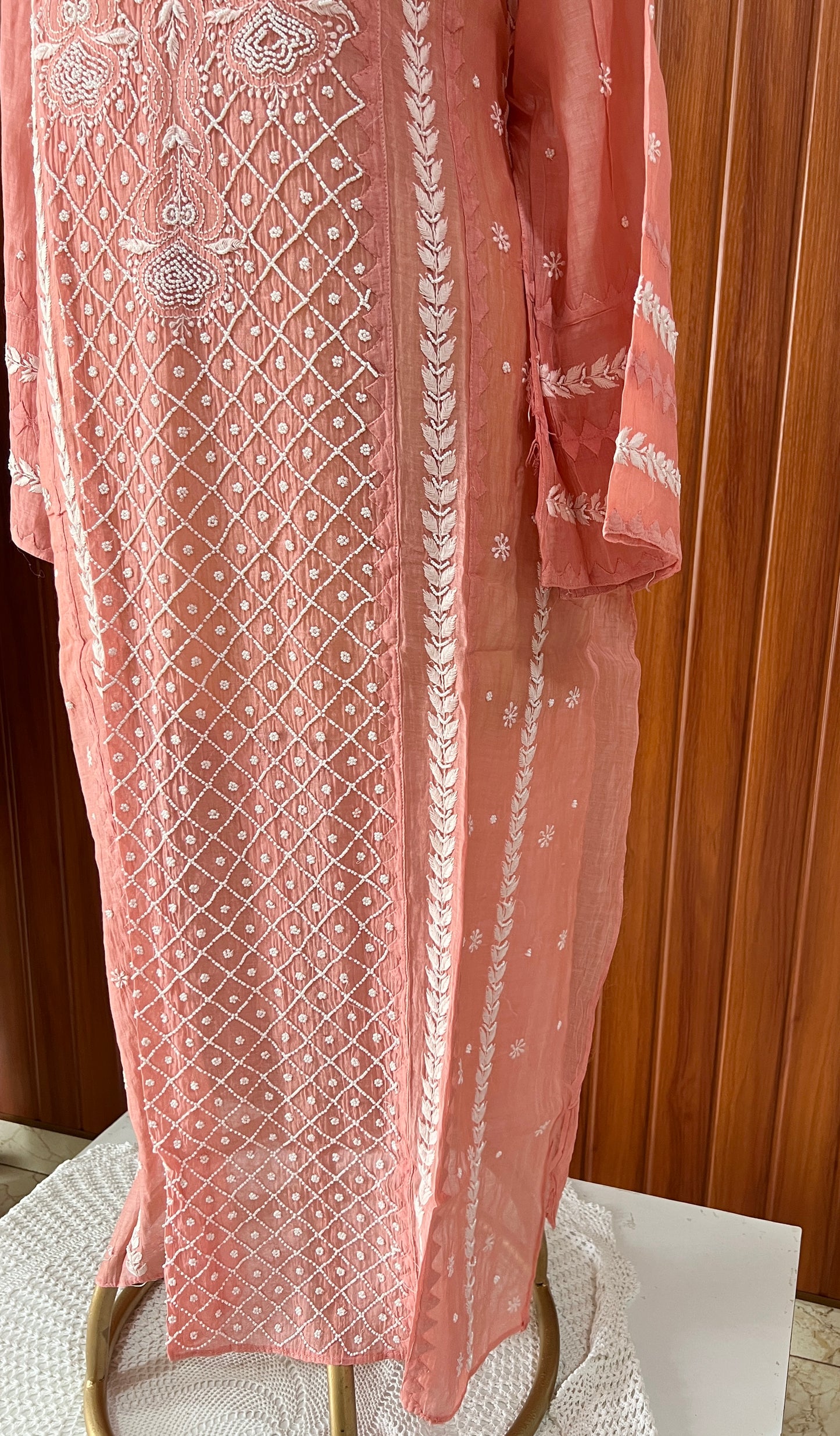 Coral Mul chanderi Chikankari pearl embroidered kurta and dupatta