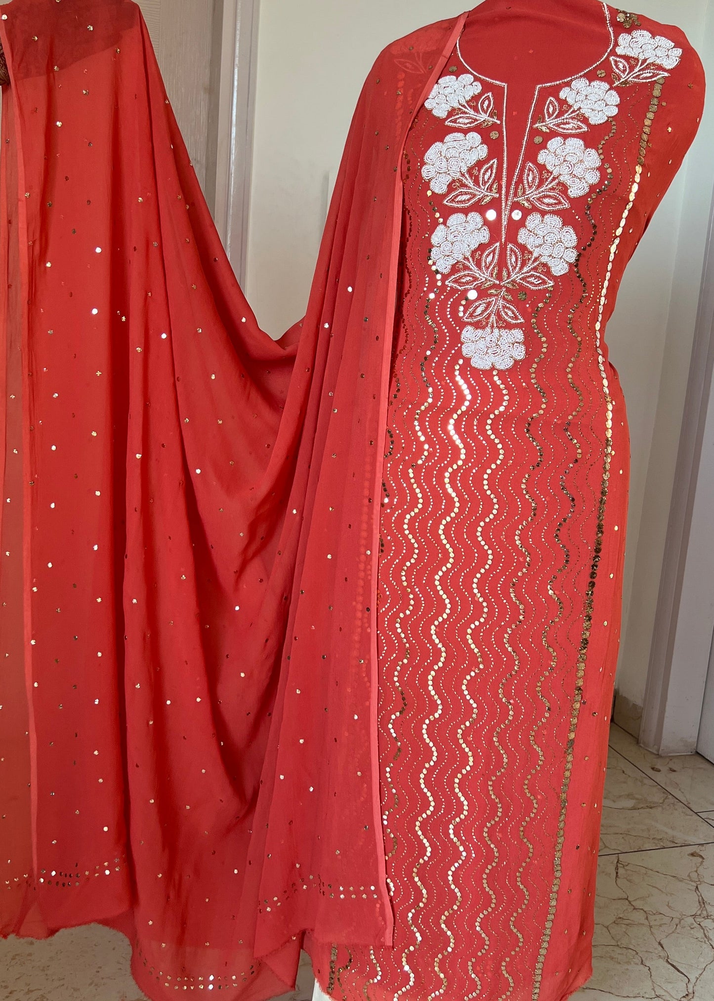 Rust mukaish and pearl work Kurta and Dupatta