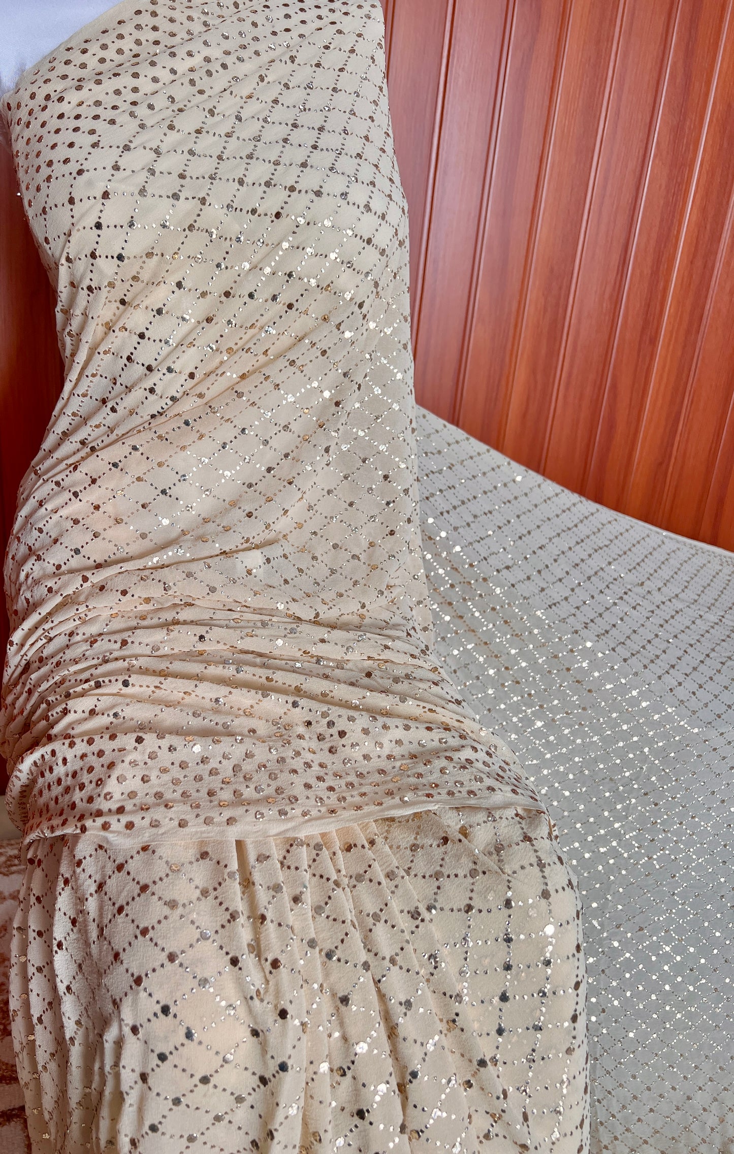 Ruhani Champagne designer mukaish work saree
