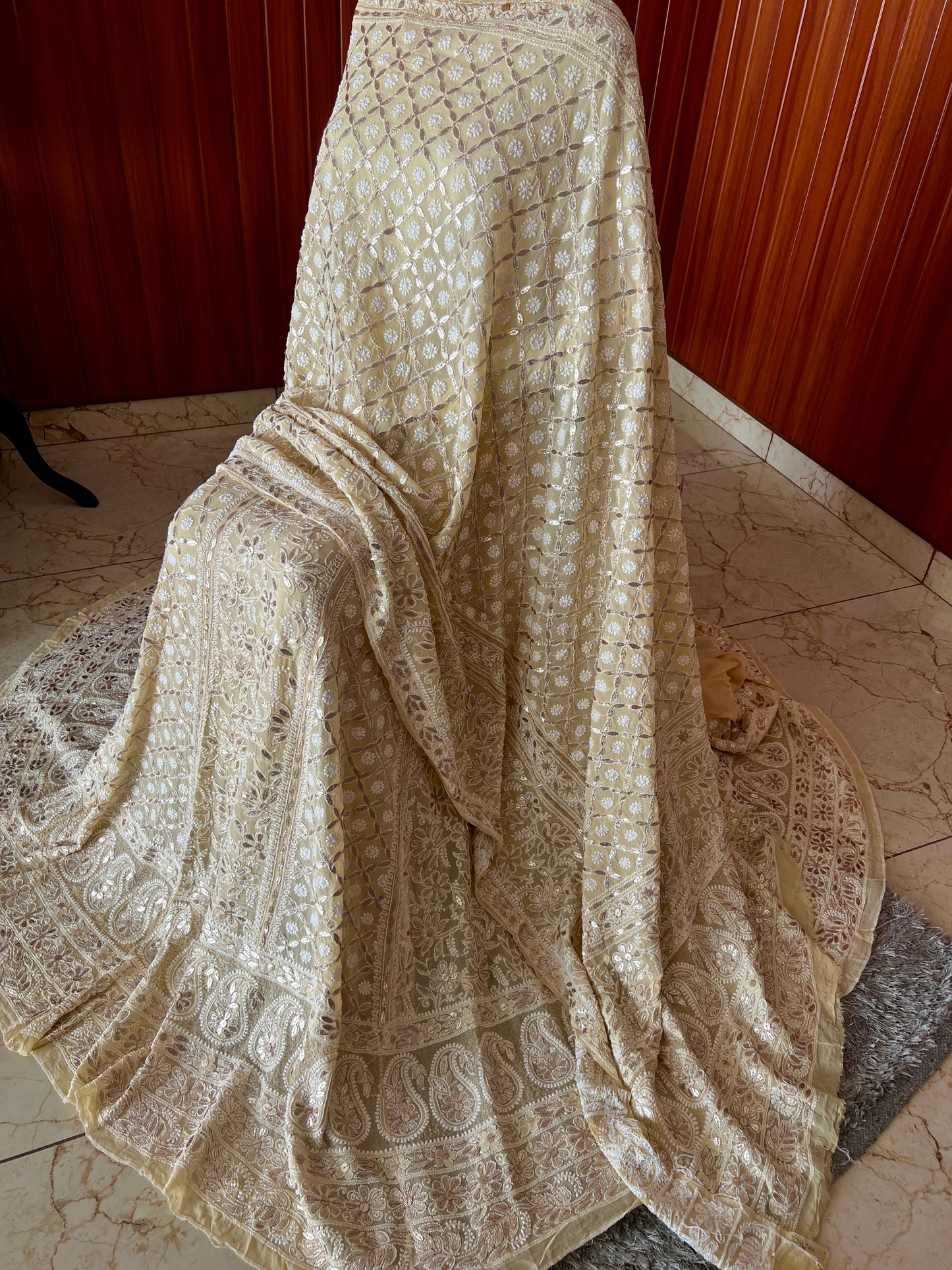 Ruhani Creamish Yellow Chikankari and Gota Patti Pure Georgette Lehenga Set