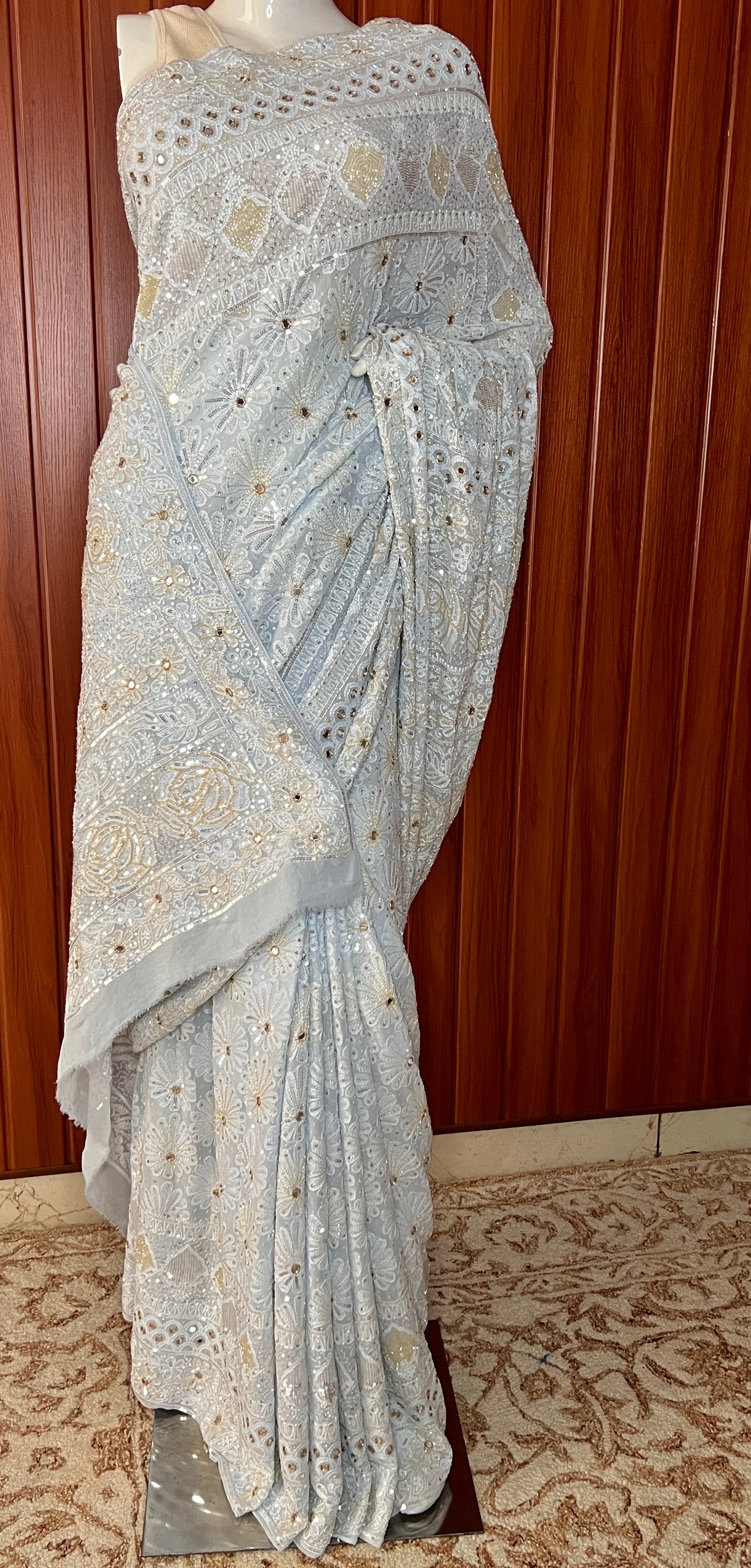 Ruhani Powder Blue Chikankari Sequins Cut Dana Embroidered Masterpiece Saree