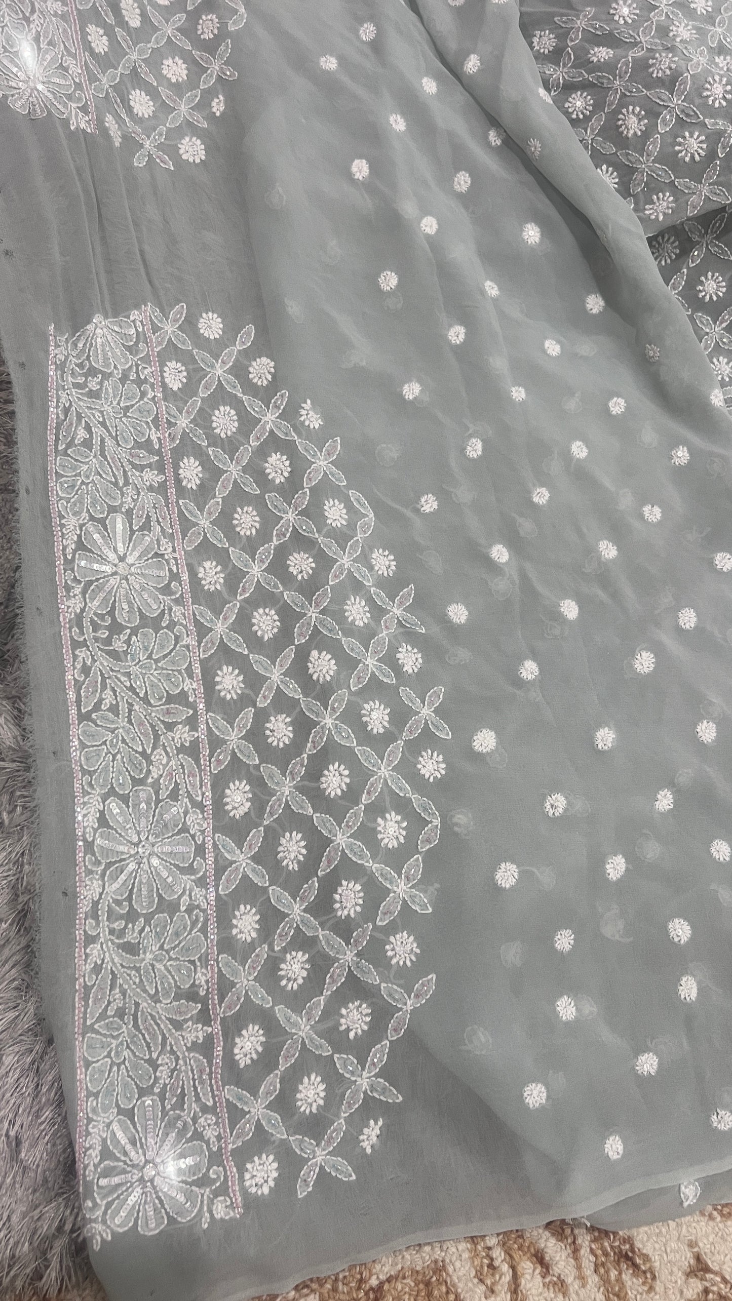 Ruhani Sage Blue Chikankari Cut Dana and Sequins Saree