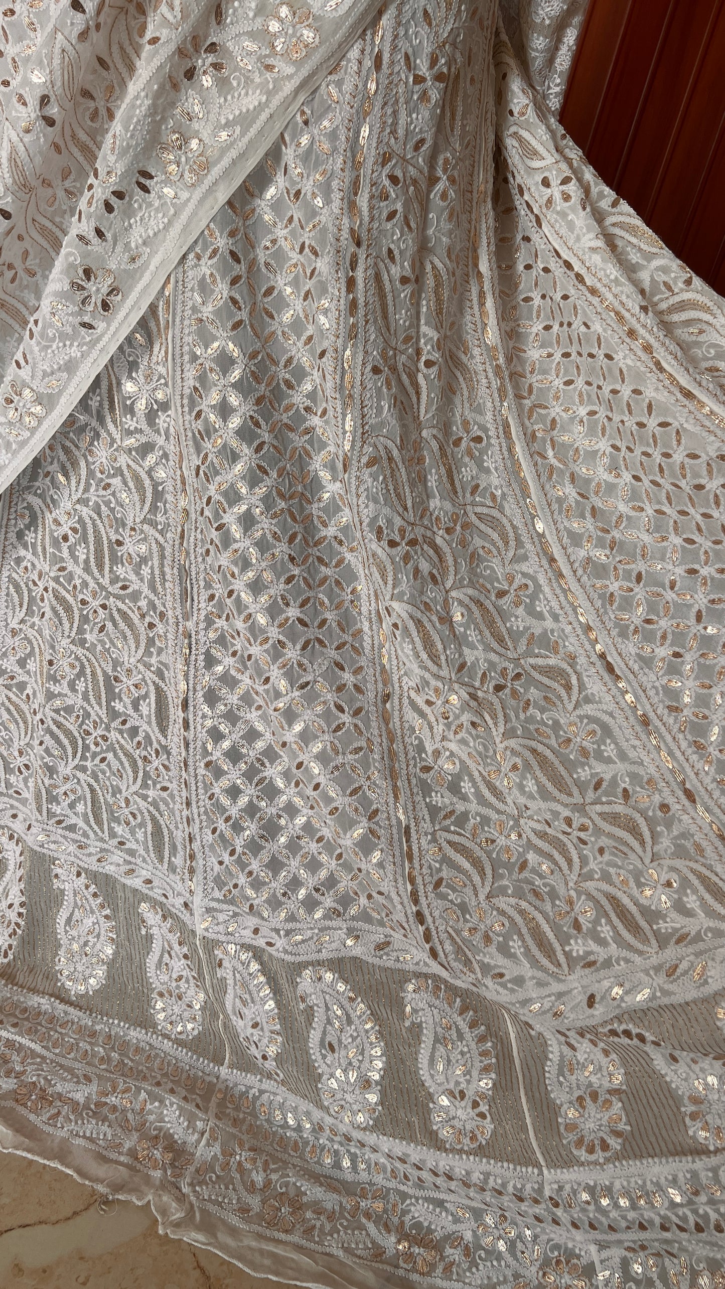 White Chikankari and Gota Patti Lehenga Set