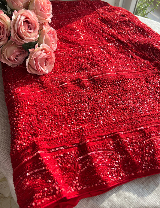 Red Masterpiece Chikankari Cut Dana Sequins Saree