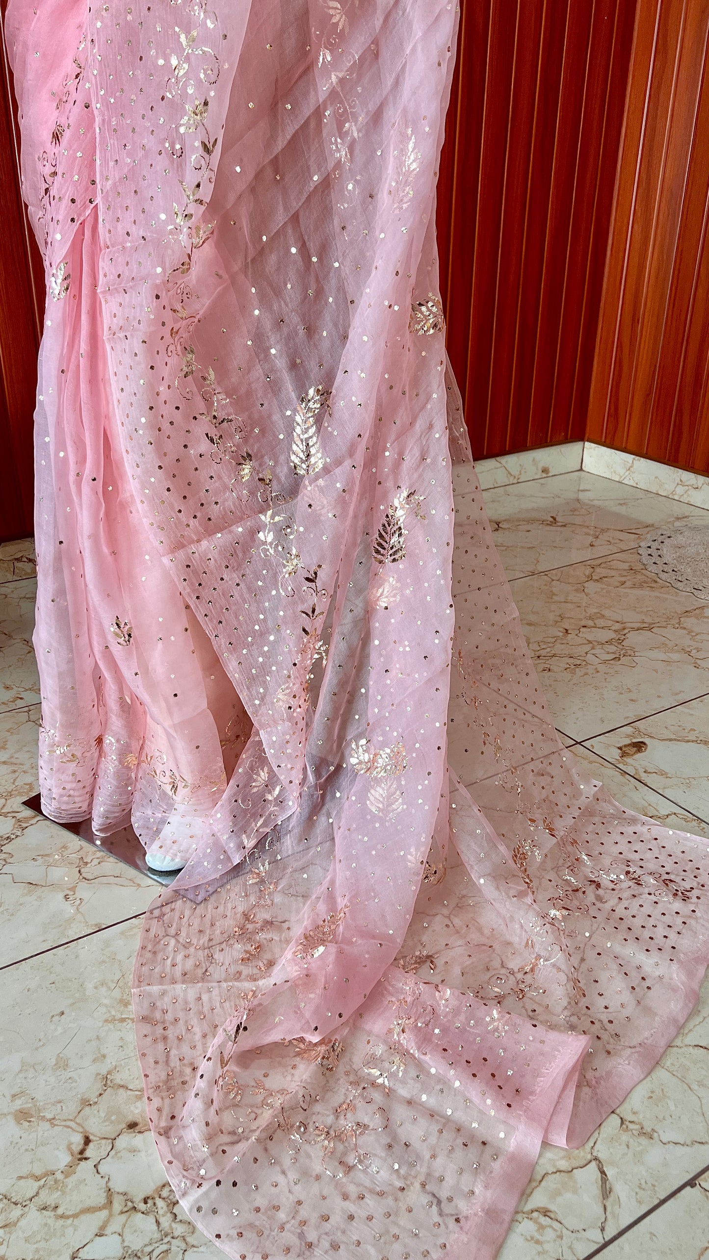 Ruhani Blush Pink Pure Organza Saree with Badla and Mukaish Work