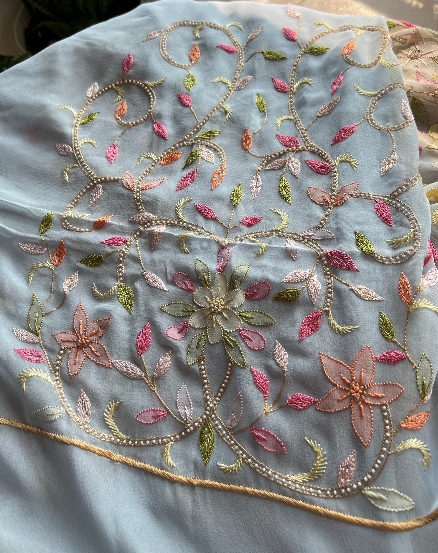 Light Blue Resham Chikankari Parsi Gara and pearl work suit