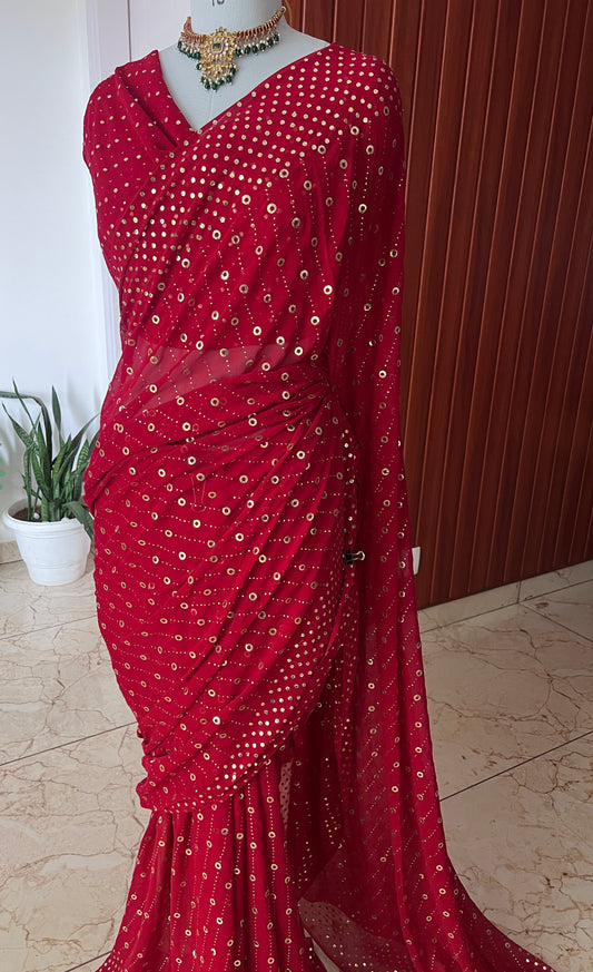 Ruhani Crimson Red Allover Mukaish Pure Georgette Saree