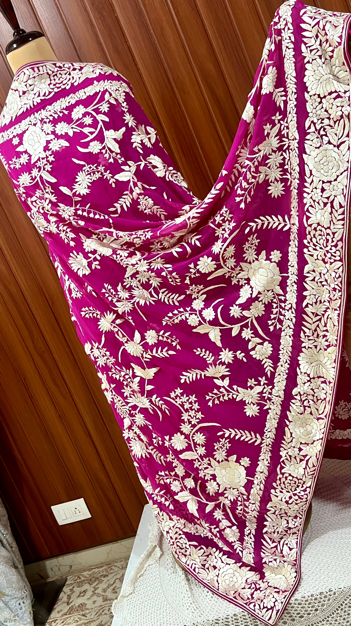 Hot Pink Masterpiece Hand Embroidered Parsi Gara full Suit