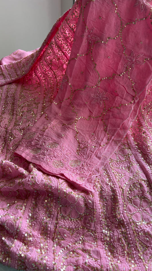 Ruhani Rose Pink Chikankari sequins cut Dana Anarkali