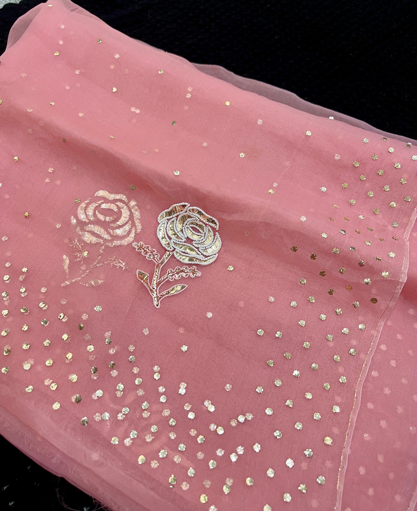 Rose Pink Pure Organza Saree with Pearl Badla and Mukaish Work