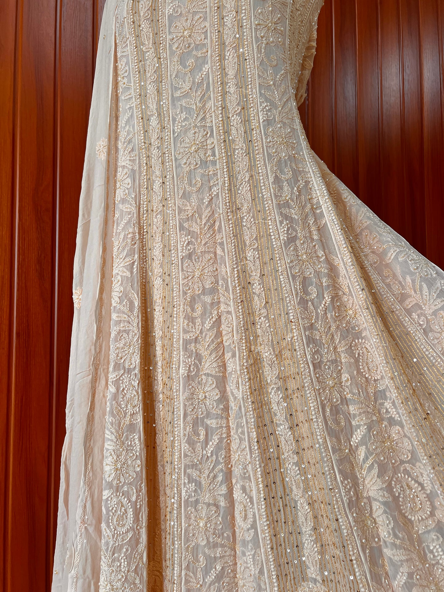 Nude Peach Chikankari Sequins Cut Dana Anarkali with Dupatta