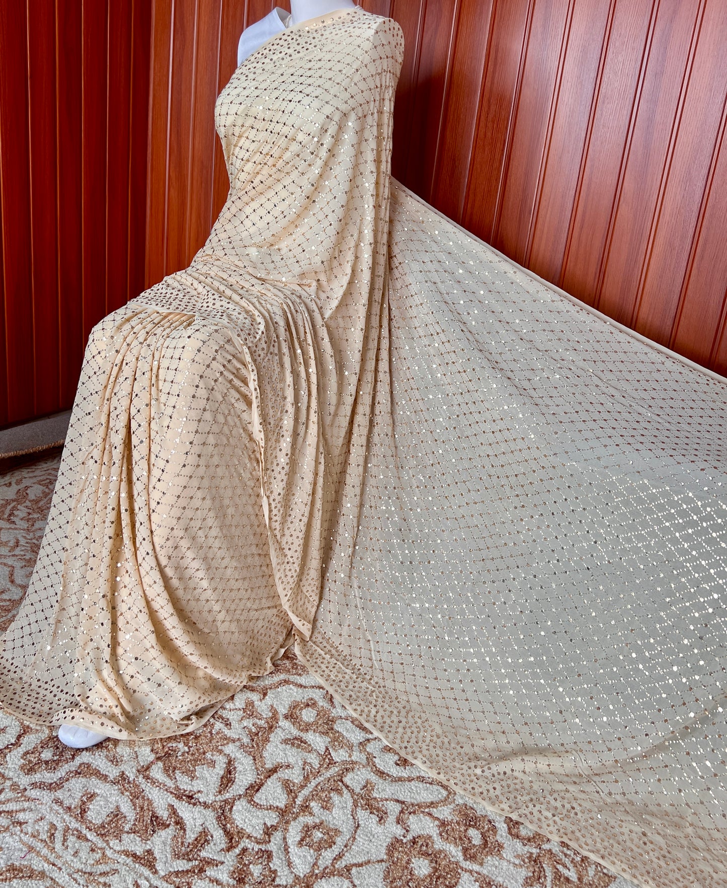 Ruhani Champagne designer mukaish work saree