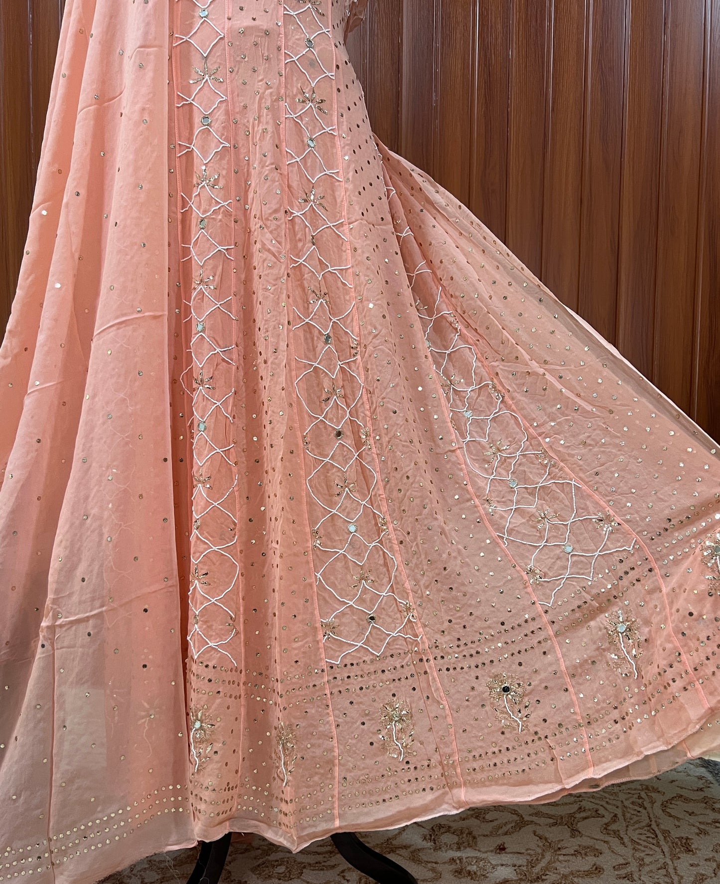 Peach Allover Mukaish and Pearl work Anarkali with Dupatta