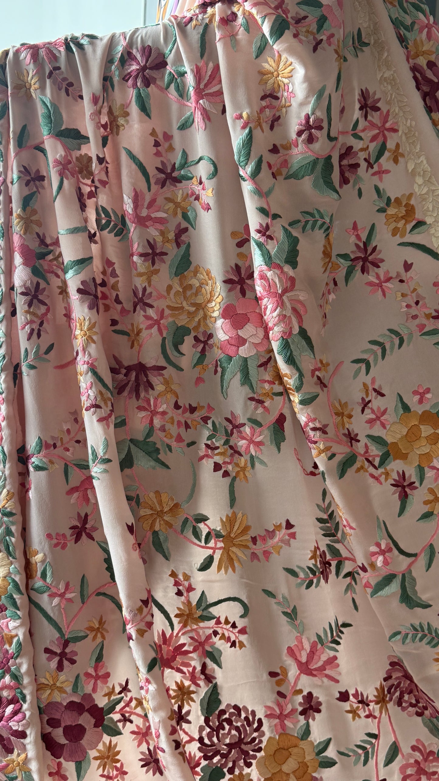 Blush Peach floral Masterpiece Parsi Gara Pure Crepe Saree