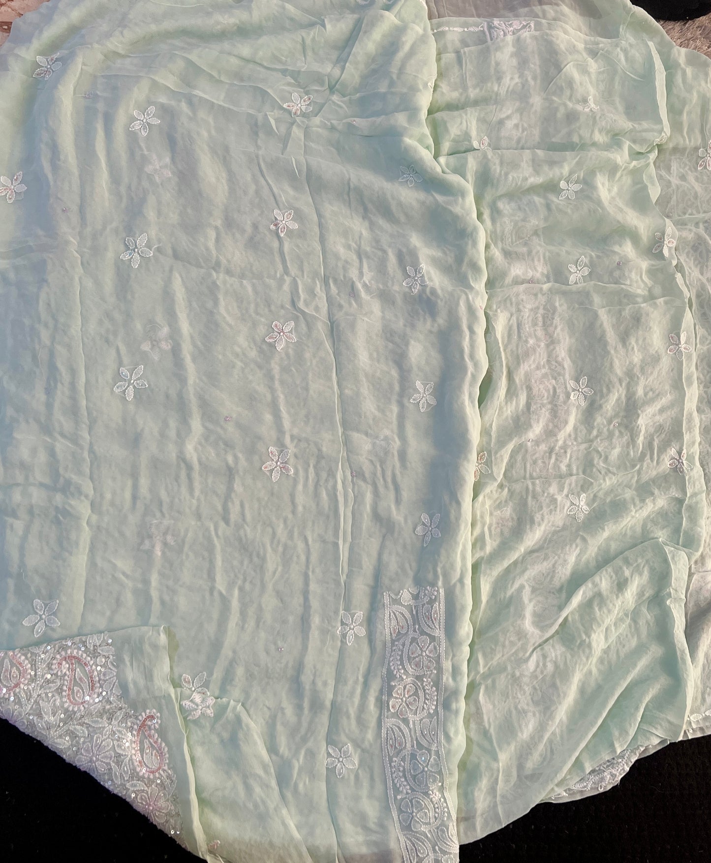 Sea green Chikankari cut dana sequins work kurta and dupatta