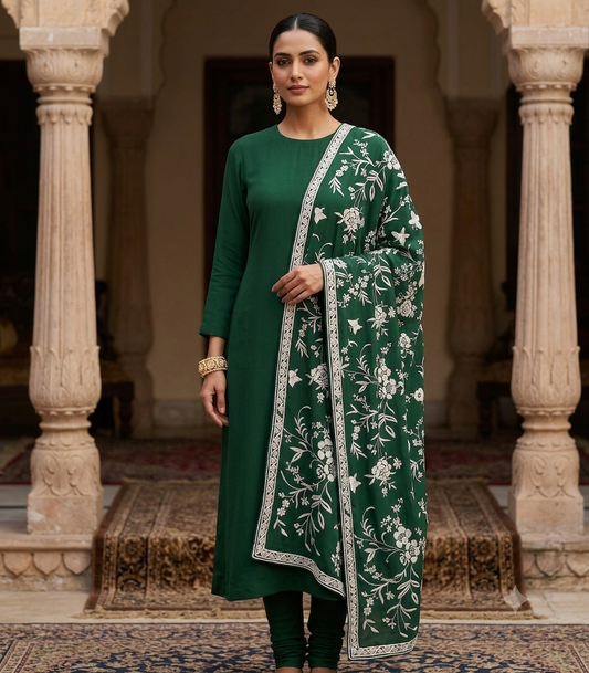 Bottle Green Parsi Gara Hand Embroidered Dupatta