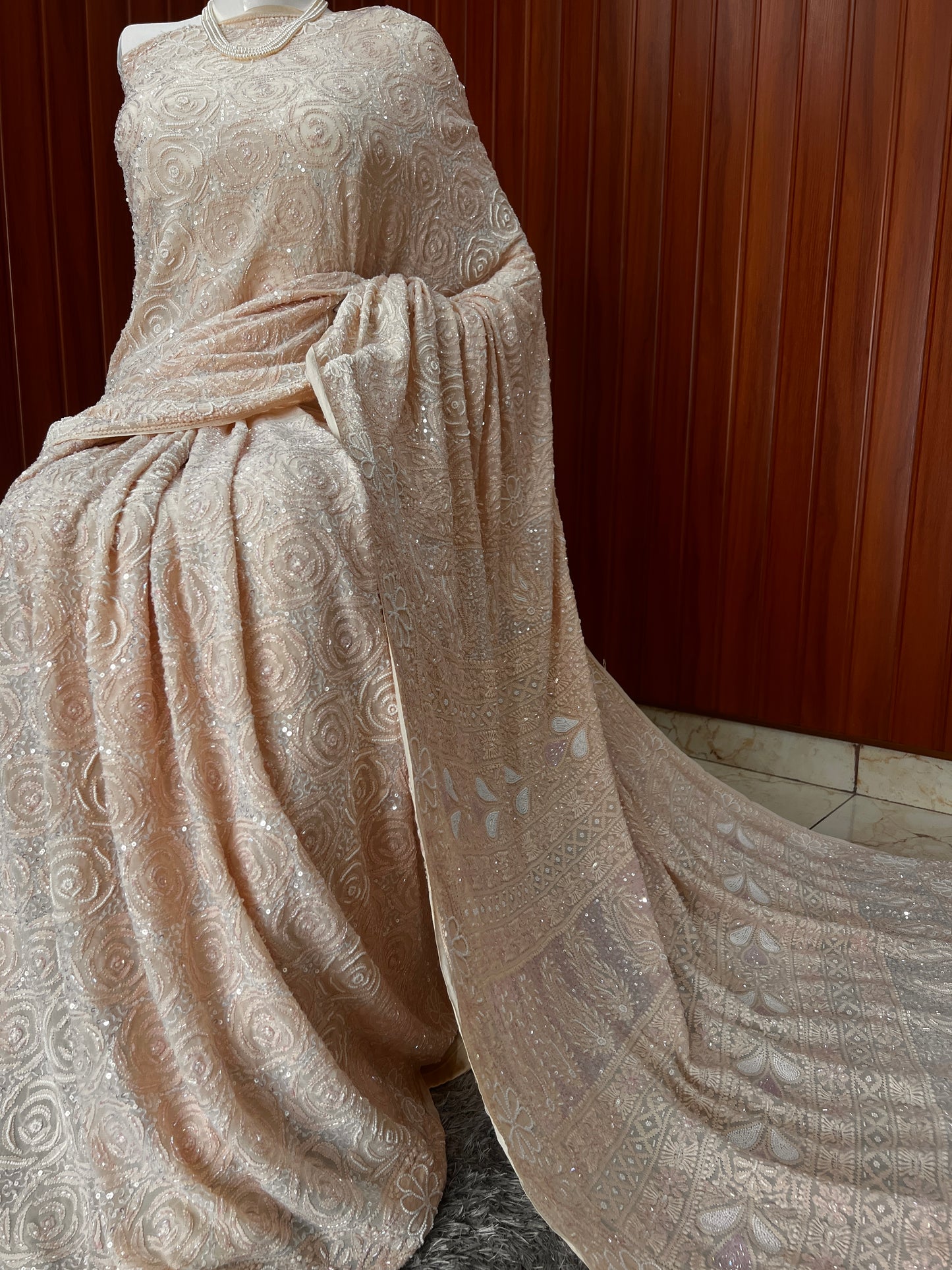 Ruhani Beige Chikankari Cut Dana and Sequins Saree