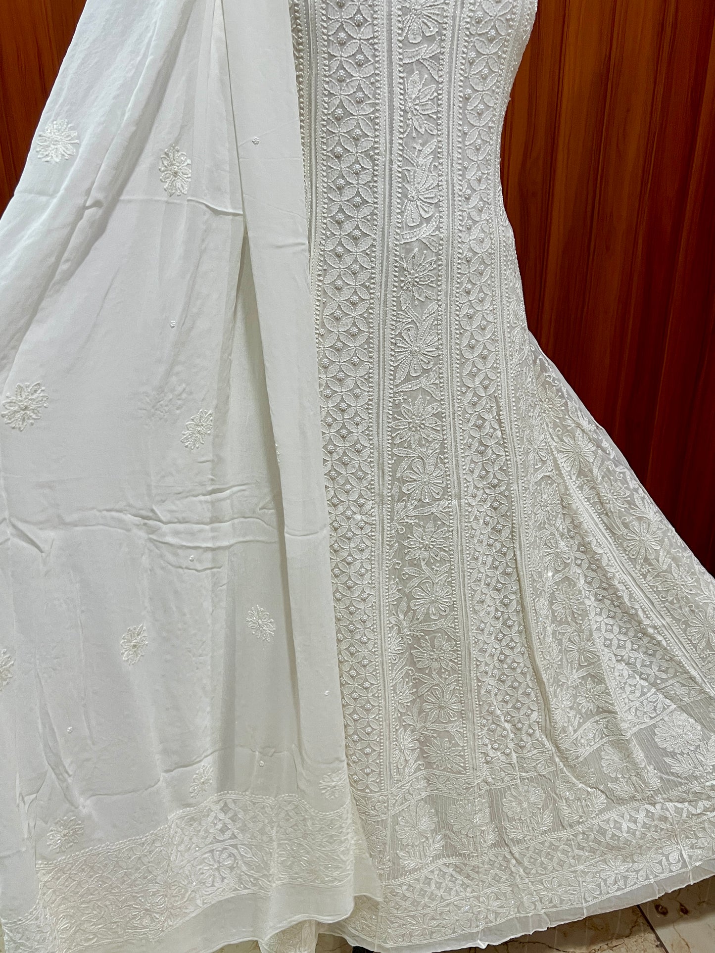 White Chikankari Pearl Cut Dana Anarkali with Dupatta
