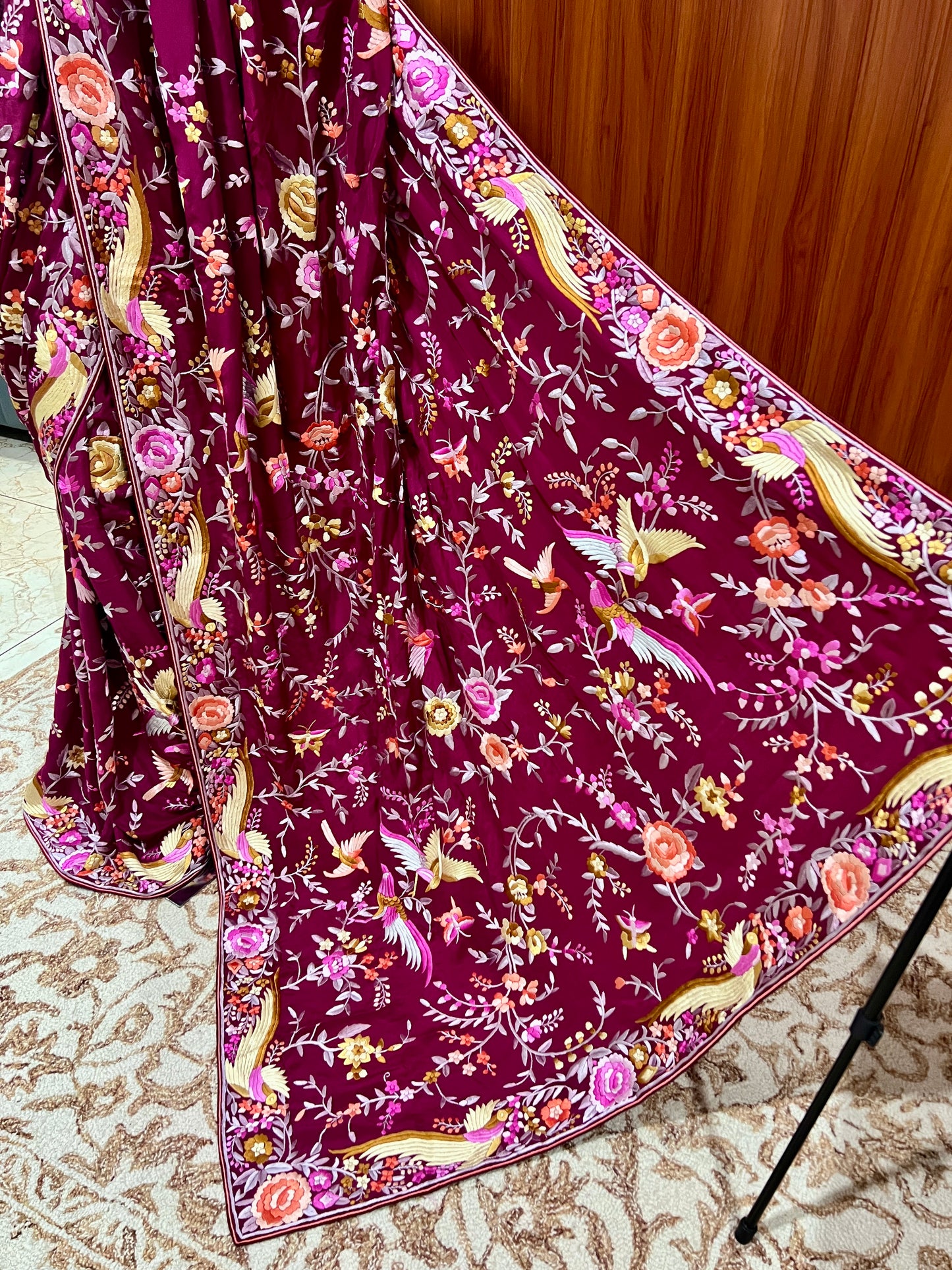 Burgundy Masterpiece Parsi Gara Pure Crepe Saree