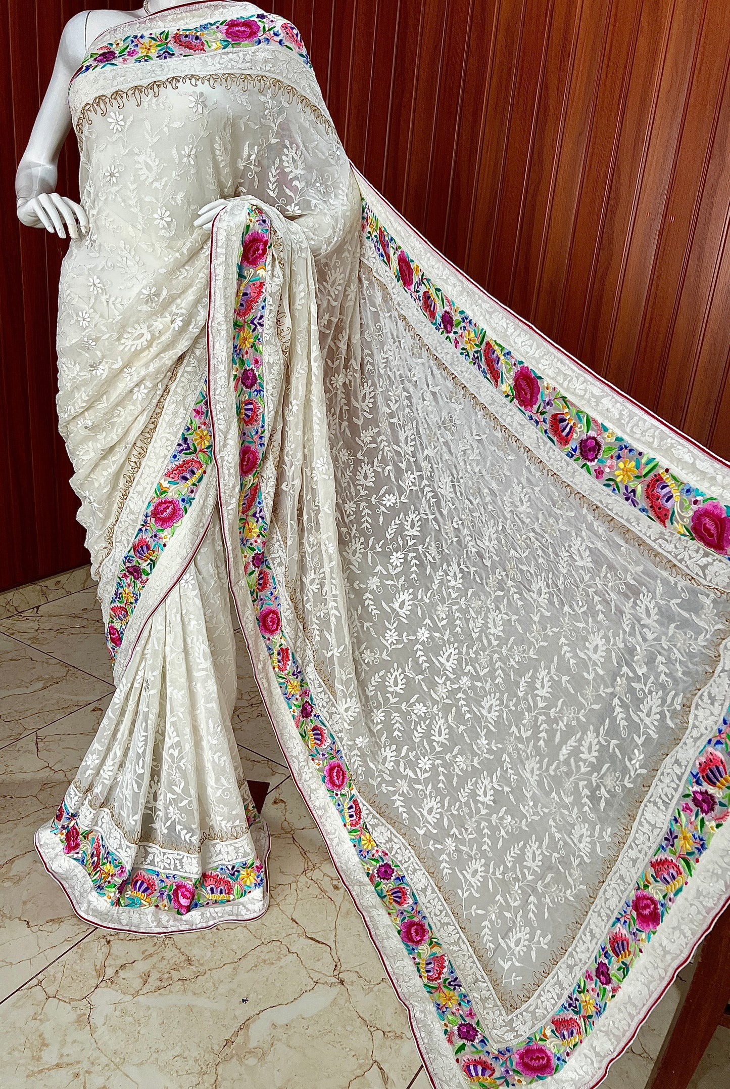 Ivory Pure Georgette saree with allover shadow work and masterpiece parsi gara border
