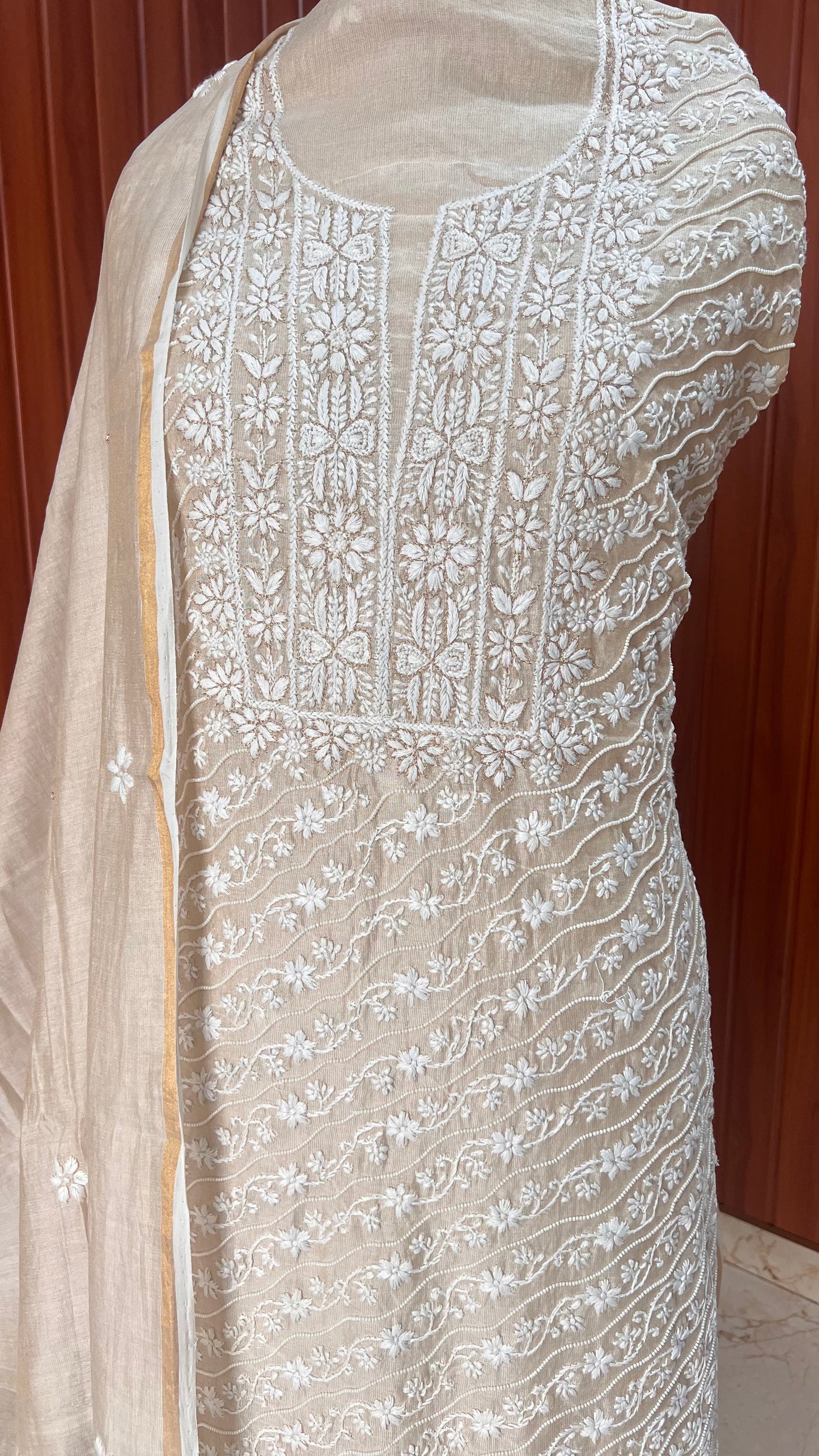 Tissue chanderi silk Chikankari and pearl embroidered kurta and dupatta