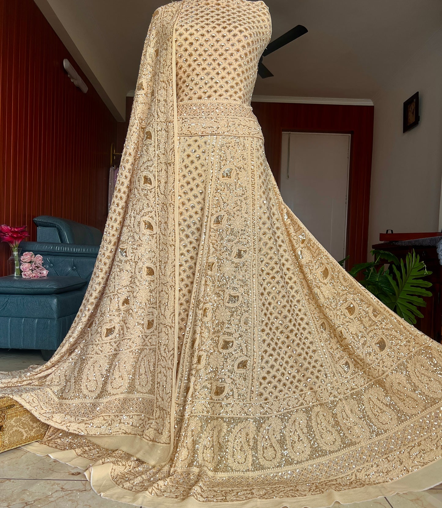 Masterpiece Ruhani Golden Beige Chikankari Sequins Wedding Lehenga