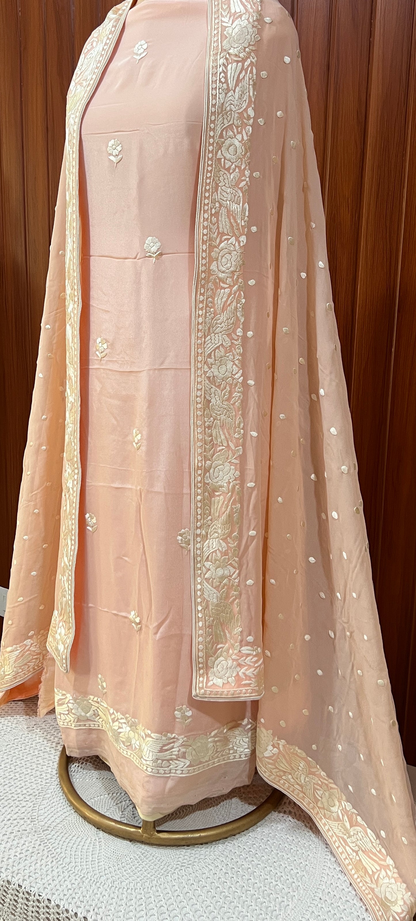 Blush peach Parsi Gara Hand Embroidered Full suit