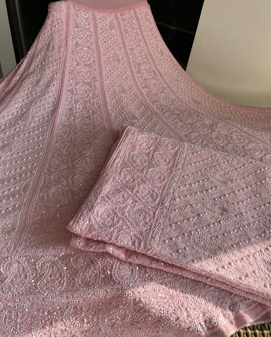 Ruhani Pink Chikankari Pearl Cut Dana Sequins Wedding Lehenga
